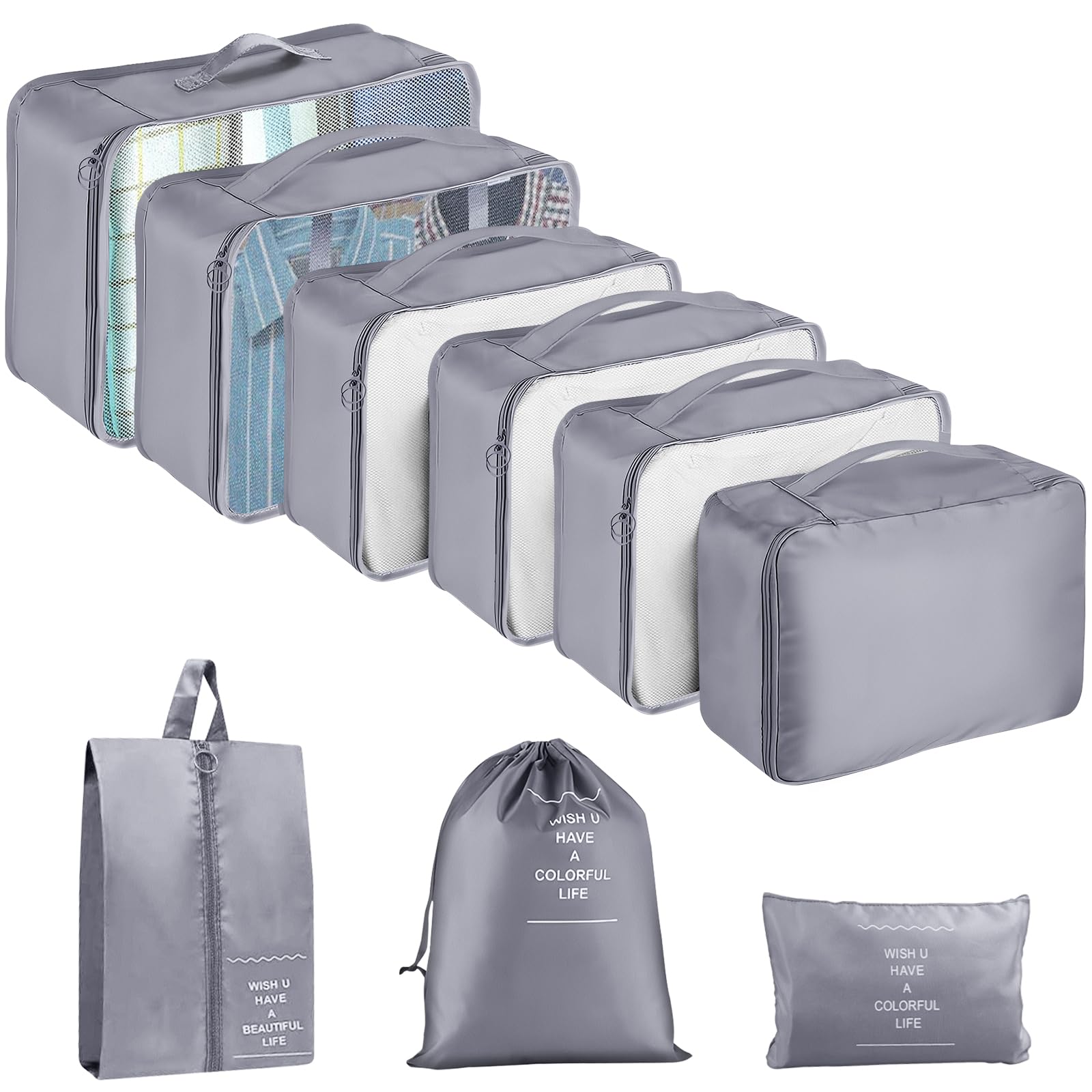9-Piece Packing Cubes Set for Travel - Durable Mesh Luggage Organizer Bags for Suitcases | Breathable Travel Essentials for Family Vacations & Business Trips (Grey)