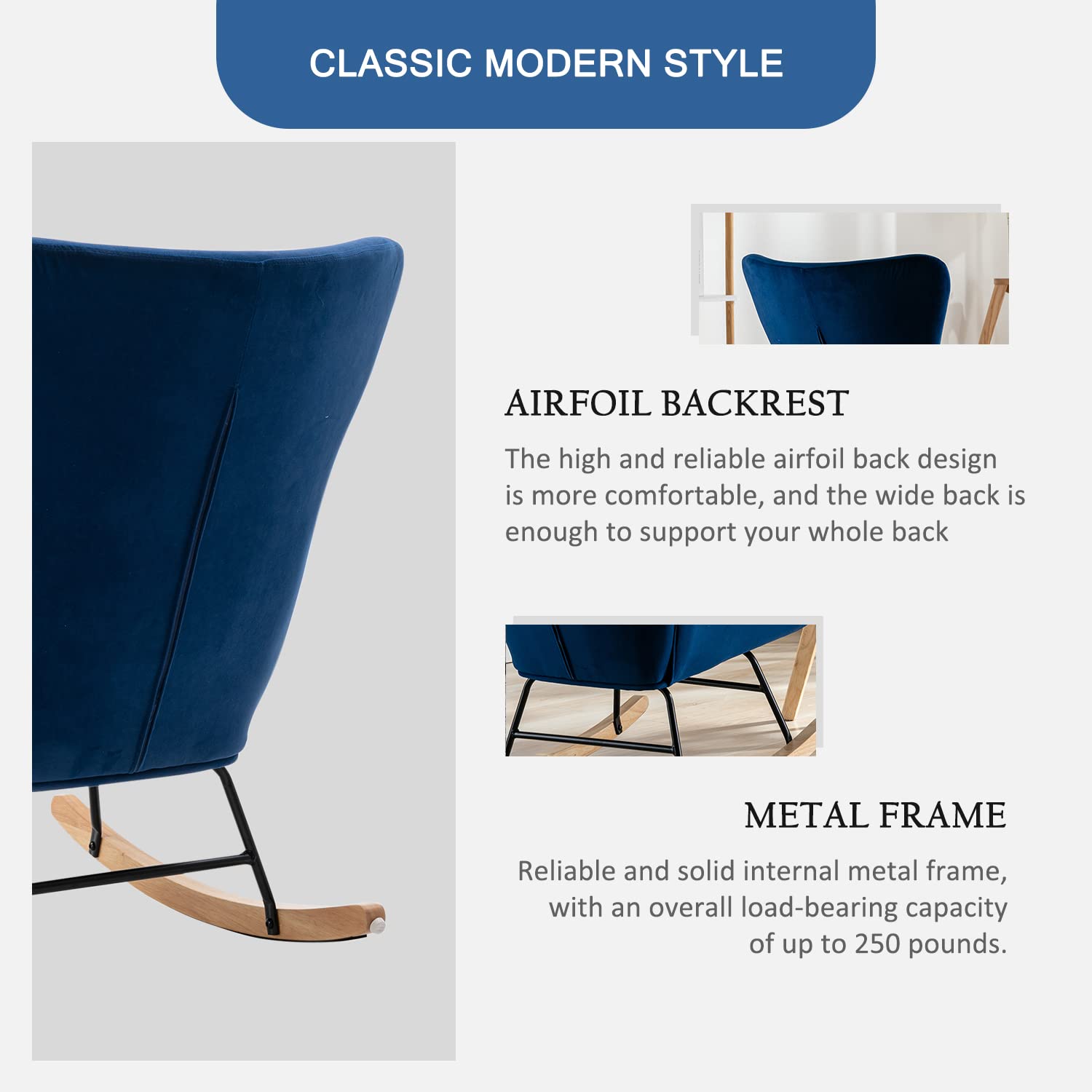Modern Rocking Chair - Comfortable Upholstered Accent Chair with High Backrest & Armrests, Nursery Glider Rocker for Baby Room, Living Room & Bedroom (Blue) - Perfect for Nursing, Relaxing & Reading