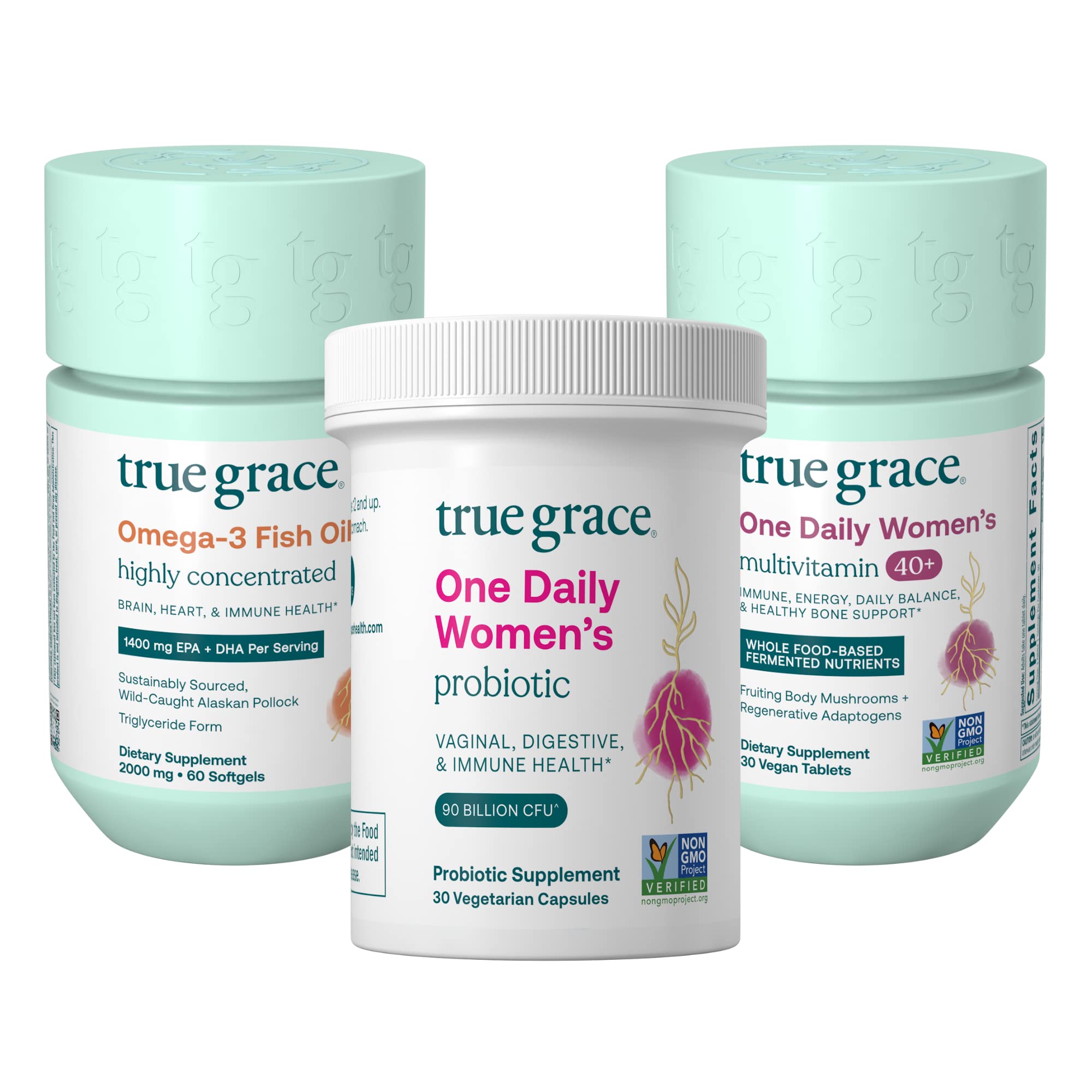 True Grace Women's Multivitamin 40+ (30 Vegan Tablets), Omega-3 Fish Oil (60 Softgels) & Probiotic (30 Vegetarian Capsules) - Complete 30-Day Supplement Bundle for Women's Health, Immunity & Digestive Support - Perfect for Active Lifestyles & Wellness Routines