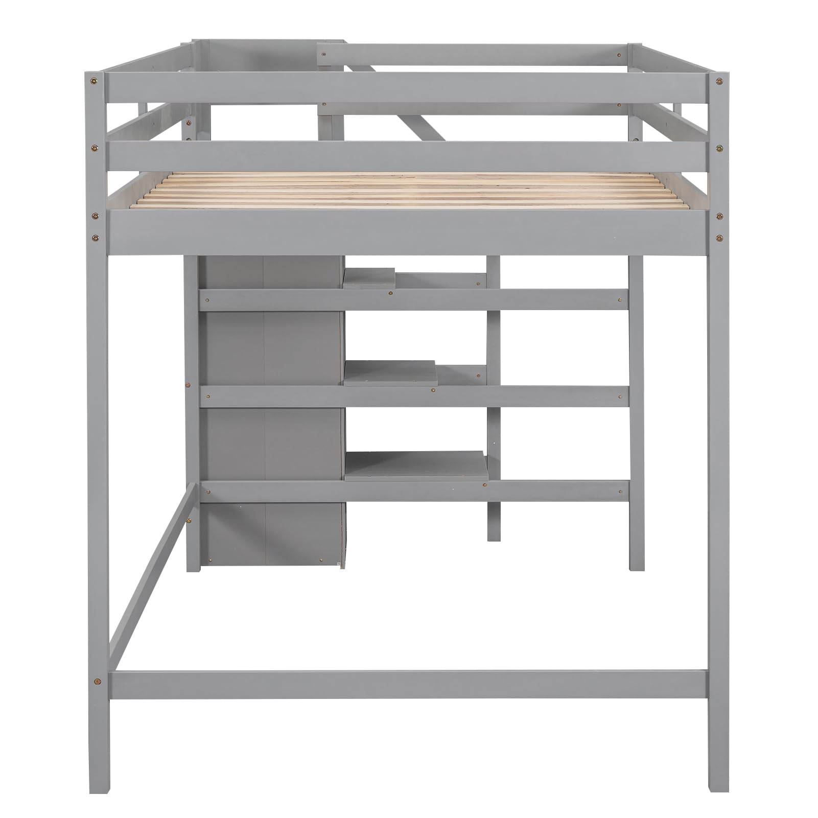 Polibi Full Size Wooden Loft Bed with Built-in Wardrobe & Staircase - Space Saving Storage Bed Frame with Guardrails, No Box Spring Needed, Grey - Perfect for Kids Rooms, Dormitories & Small Apartments