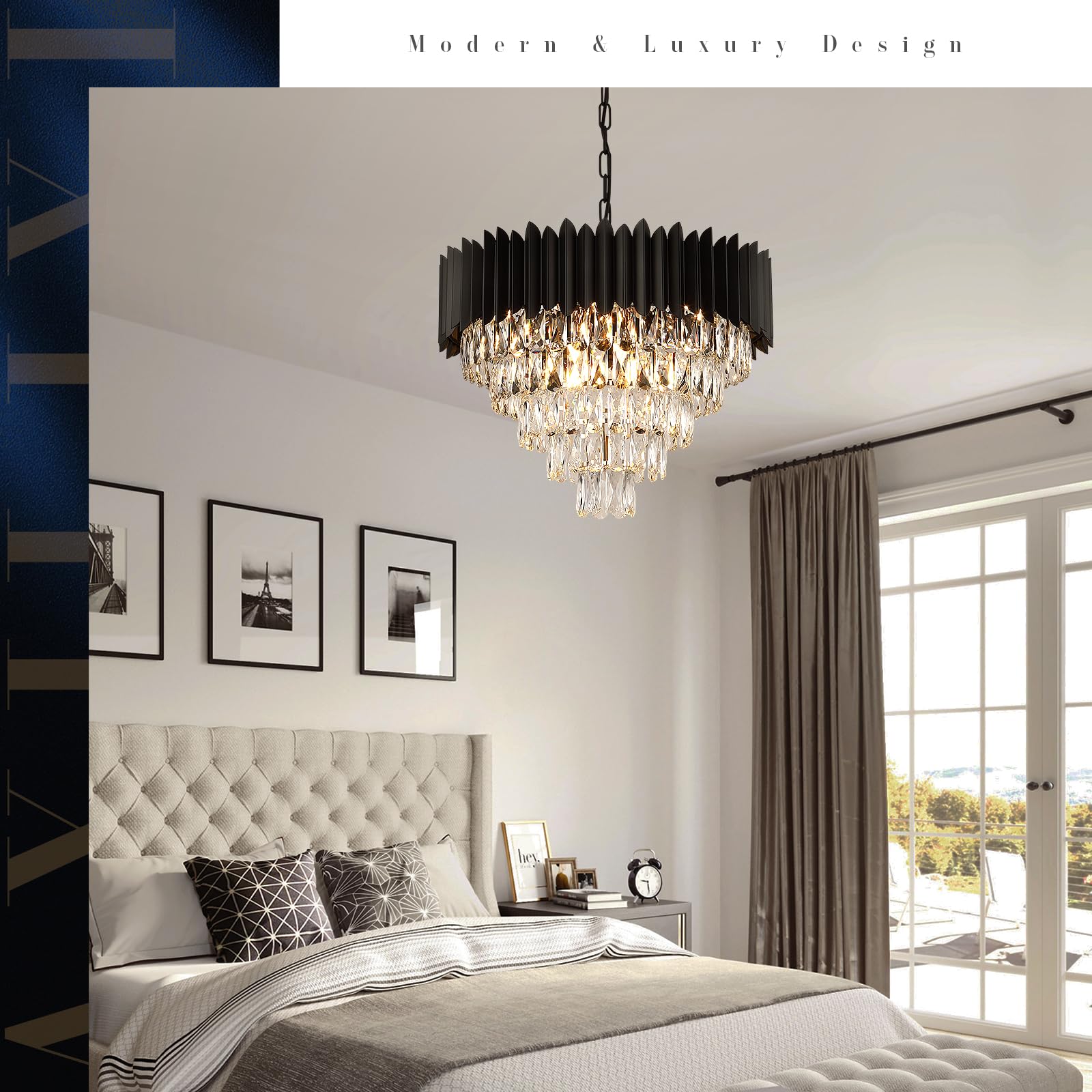 Modern Black Crystal Chandelier - 24 Inch Round Dimmable Ceiling Light Fixture with 12 Lights & 5-Tier Raindrop Design for Living Room, Dining Room, Bedroom, Foyer - Elegant Luxury Lighting for Home Decor, Wedding Venues and Hotel Lobbies