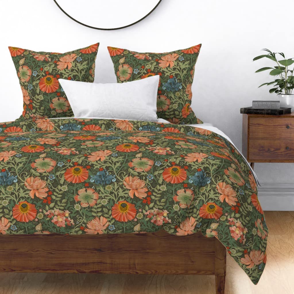 Custom Floral Art Deco Cotton Sateen Duvet Cover Full/Queen Size - Gray Flowers & Vines Print Bedding Set for Modern & Vintage Home Decor | Perfect for Master Bedroom, Guest Room & Bohemian Style Interiors