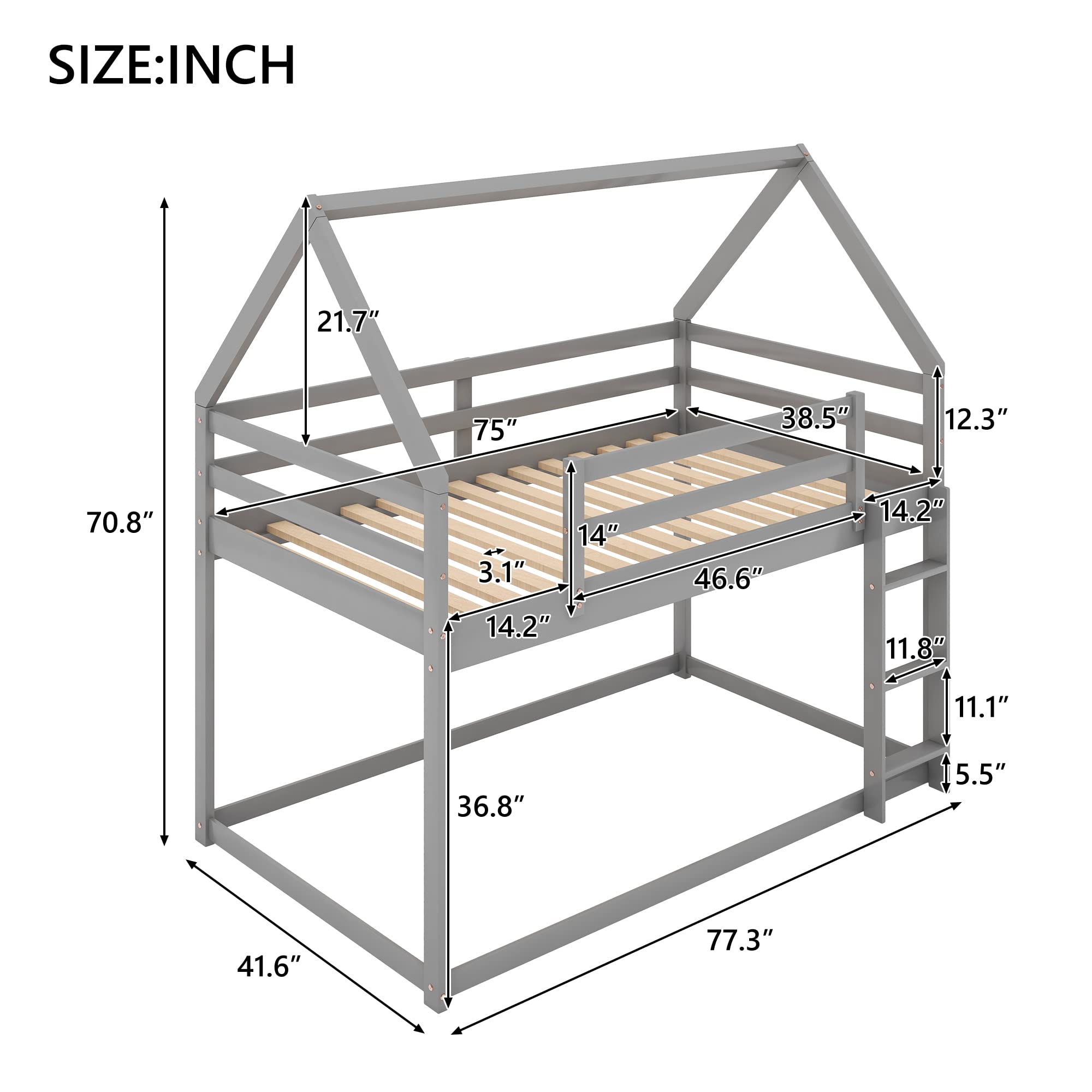 Low Bunk Bed Twin Over Twin - Sturdy Wooden House Bunk Bed Frame with Ladder for Kids & Teens - Space-Saving Gray Bedroom Furniture for Small Rooms, Dorms, or Shared Kids' Rooms