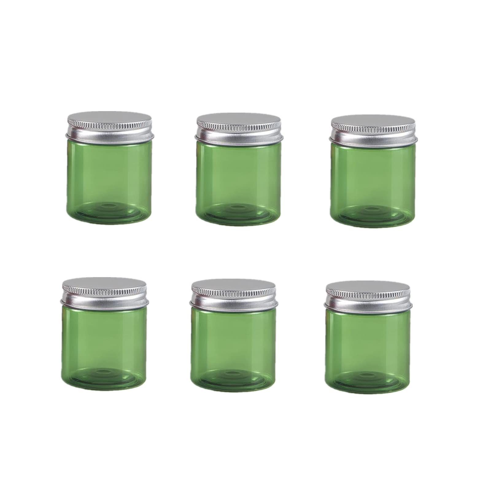 6-Pack Empty Round Jars with Aluminum Lids - 2oz Green Refillable Plastic Cosmetic Containers for Creams, Lotions & Solid Beauty Products | Travel-Size Storage for DIY Crafts, Makeup, Skincare & Home Organization