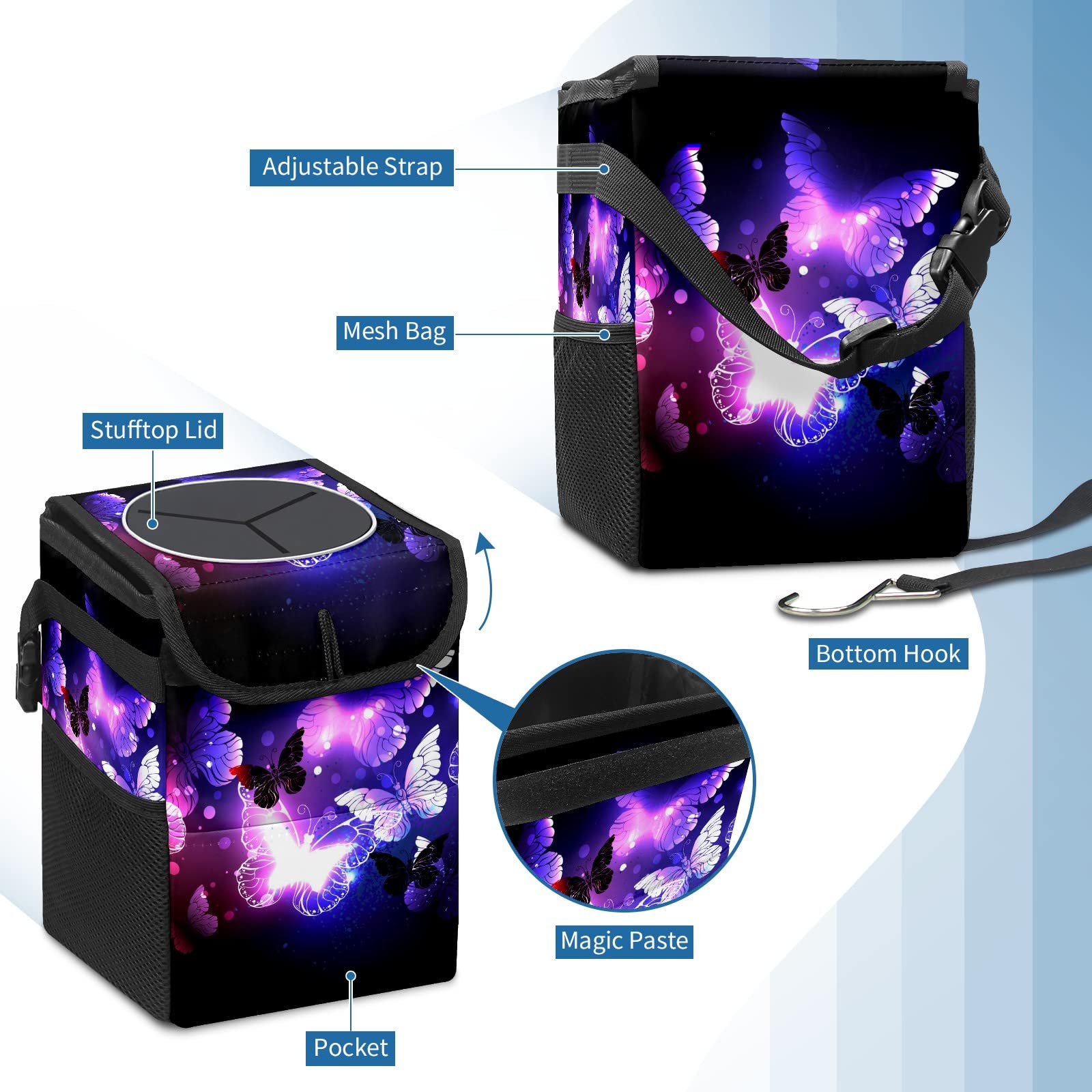 Purple Butterfly Car Trash Can with Lid - Collapsible Reusable Waterproof Auto Garbage Bin for Car, Truck & SUV | Car Accessories & Interior Organizer | Perfect for Road Trips, Commuting & Keeping Vehicle Clean