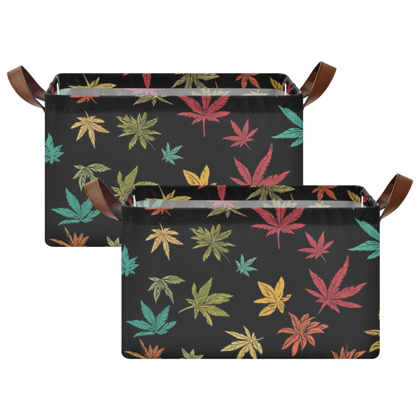 Colorful Maple Leaf Pattern Fabric Storage Baskets with Handles - 2 Pack Organizer Bins for Closet, Shelves, Drawers, Desktop | Perfect for Playroom, Classroom, Office & Home Organization
