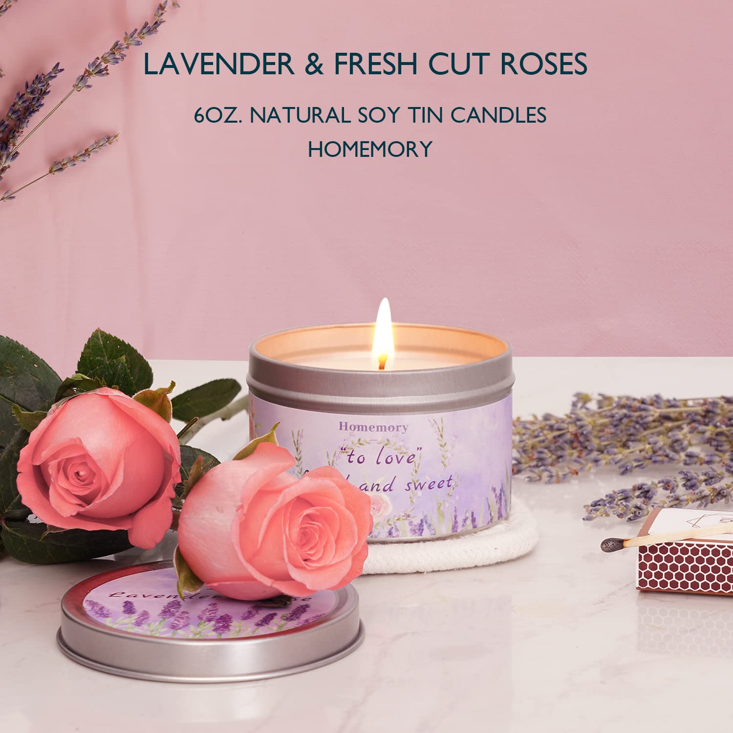 Homemory Lavender & Rose Scented Soy Candles - 6oz Natural Aromatherapy Candles with Essential Oils for Stress Relief, Hand-Poured Home Decor Gifts for Women | Perfect for Relaxation, Meditation & Spa Nights