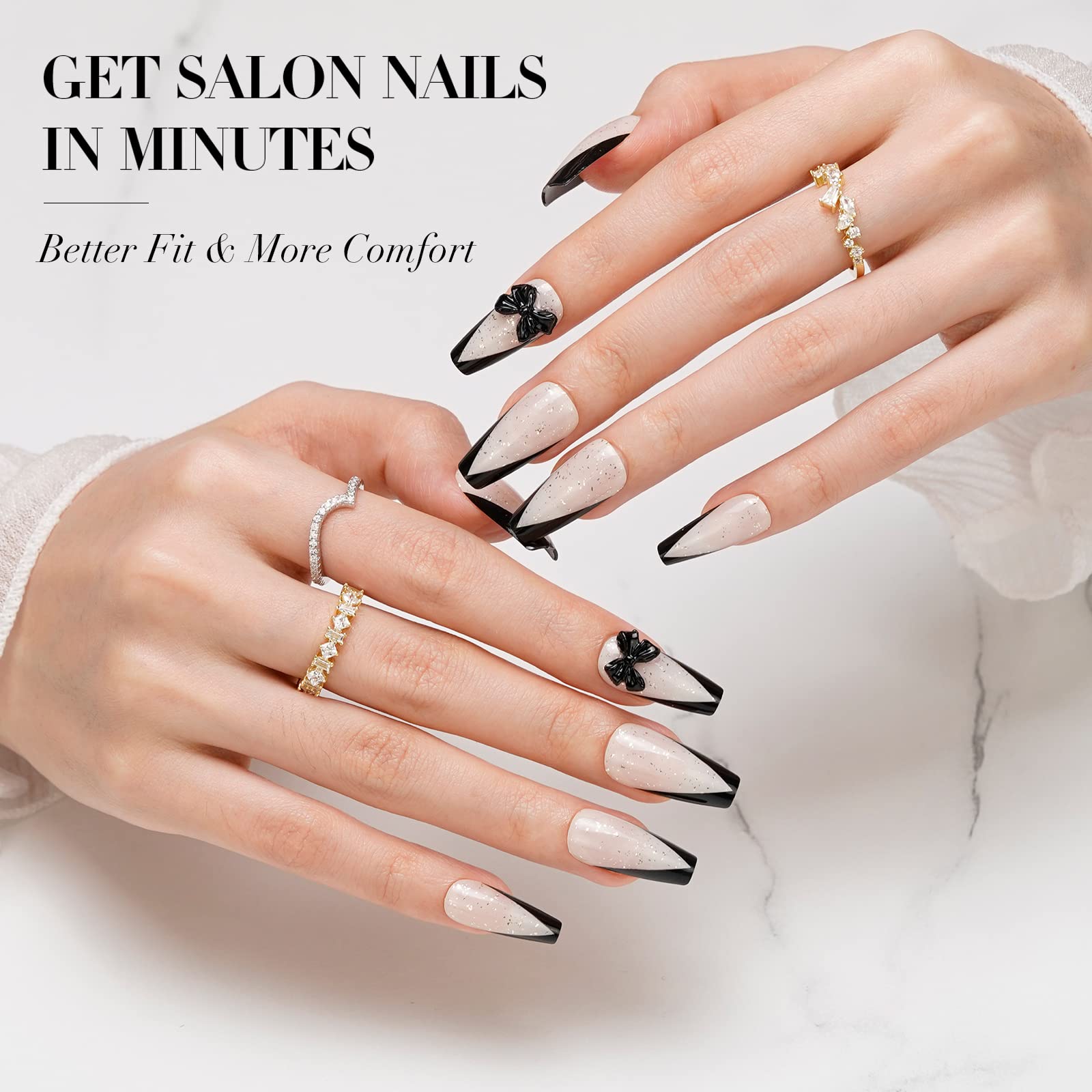 Jofay Fashion Black French Tip Press on Nails - Medium Length Acrylic Fake Nails with Glue, 24pcs Reusable Stick on Nails for Women & Girls - Black Coffin French Design for Parties, Weddings & Daily Wear