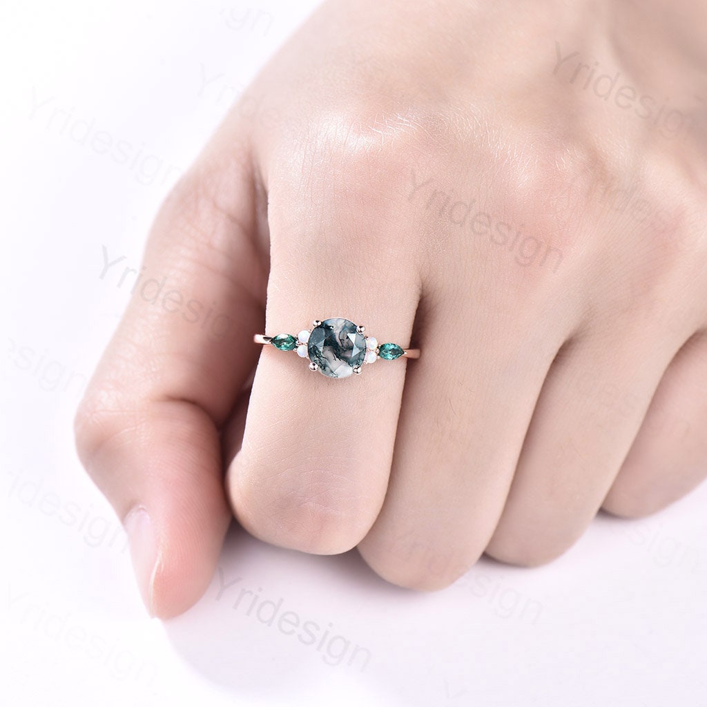 1 Carat Vintage Moss Agate Cluster Opal Emerald Engagement Ring - Unique Handmade Wedding Band for Women, Perfect for Proposals, Anniversaries & Special Occasions