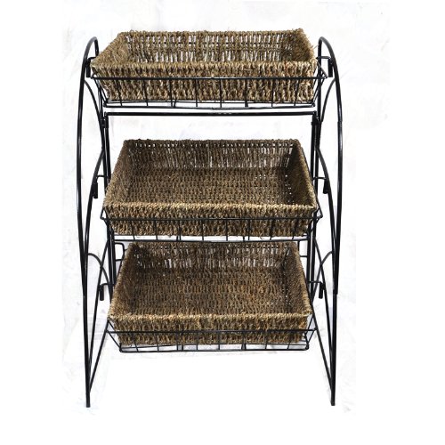 Tristan Triple Tiered Square Display Stand with Handwoven Seagrass Baskets - Rustic Home Decor for Bathroom, Kitchen & Bedroom Organization