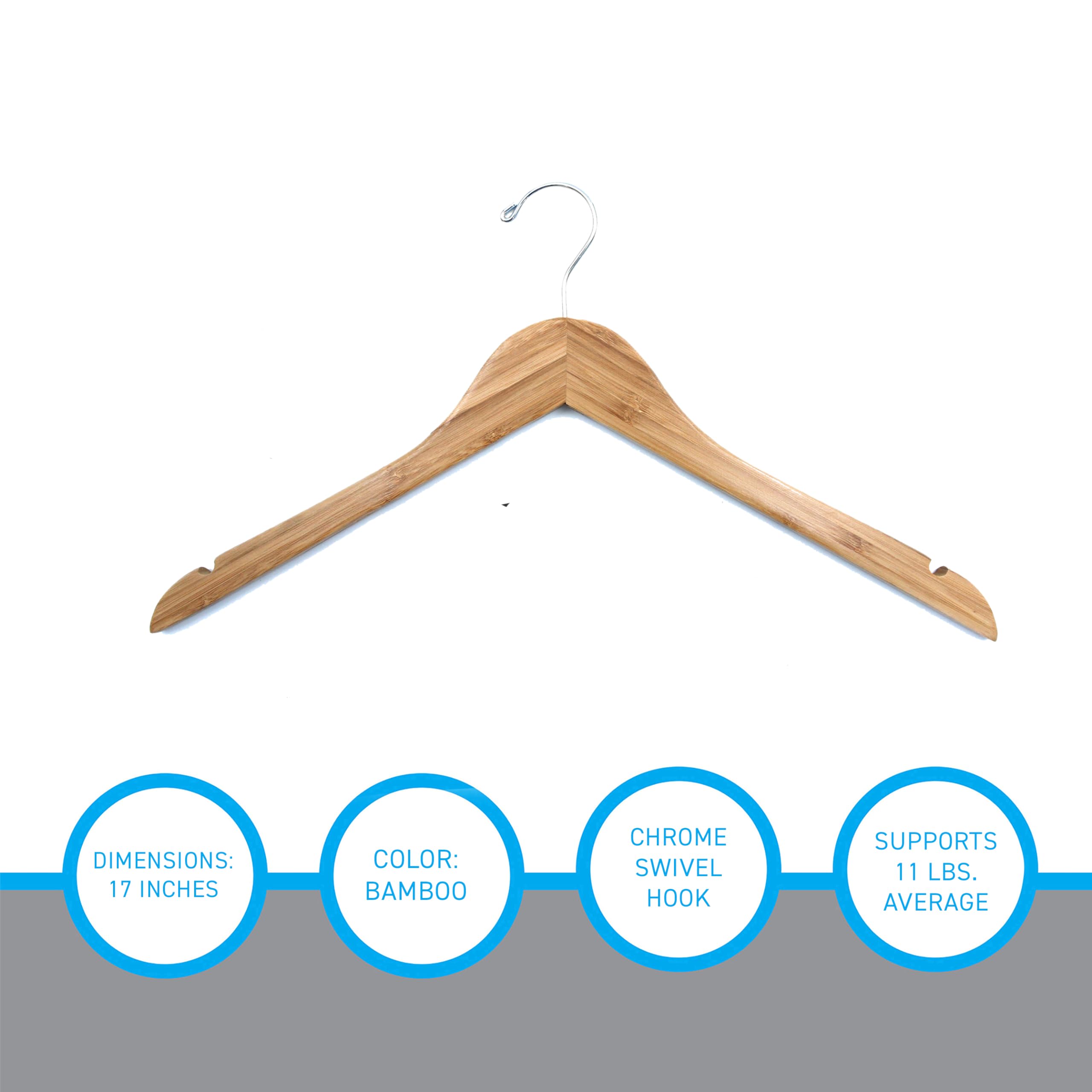 SSWBasics 17 Inch Bamboo Clothes Hangers - Pack of 50 - Space Saving Non-Slip Garment Hangers for Closet Organization, Wardrobe Storage & Travel Use