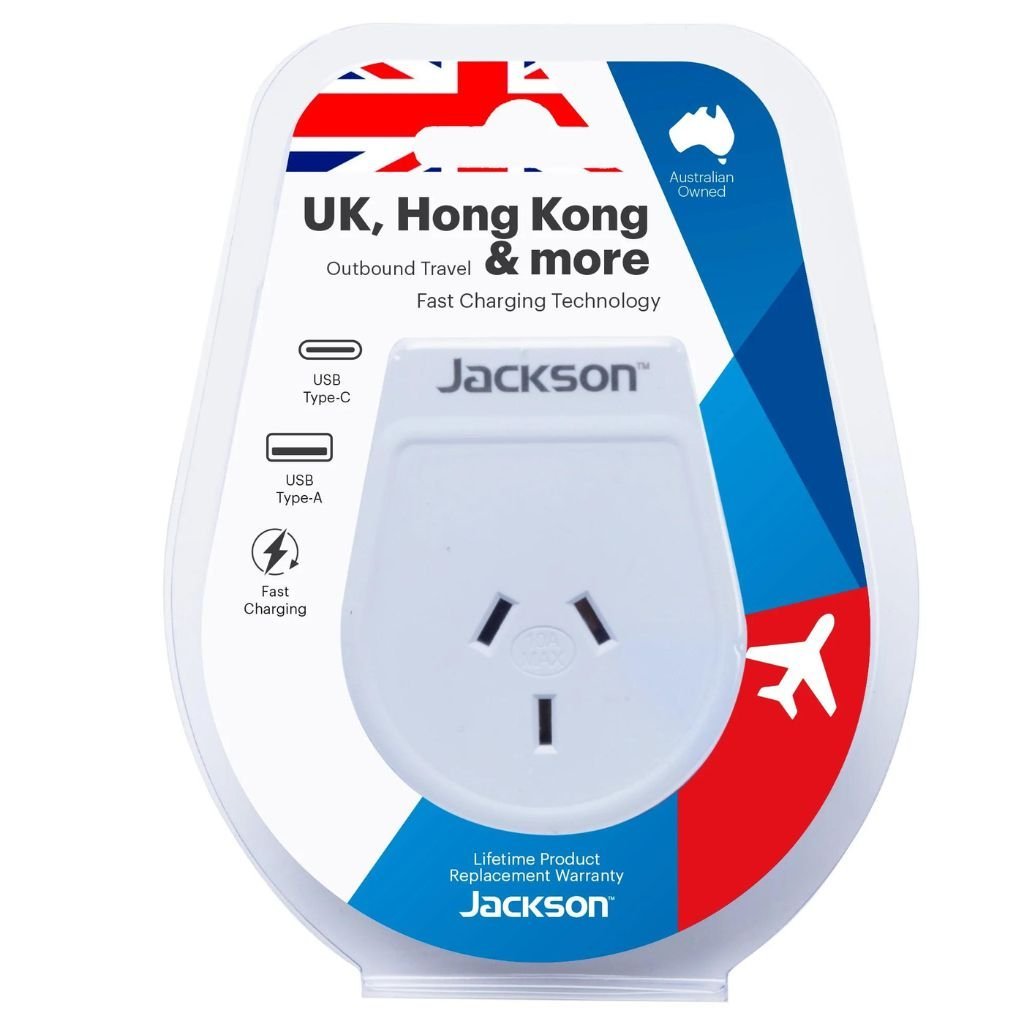 Jackson Outbound Slim USB A & C Travel Adapter - Dual Port Fast Charging for USA, UK, HK - Compact & Lightweight for Business Trips, Vacations, Hotels