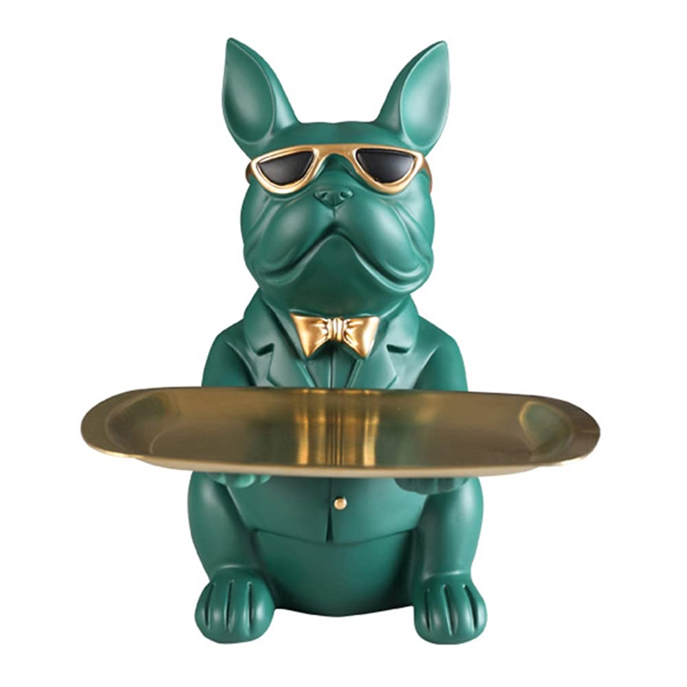 Green Resin Bulldog Figurine - Modern Desktop Decoration, Coin Bank & Storage Tray - Home Office Statue Holder for Keys, Jewelry & Small Items - Perfect Gift for Dog Lovers & Home Decor Enthusiasts