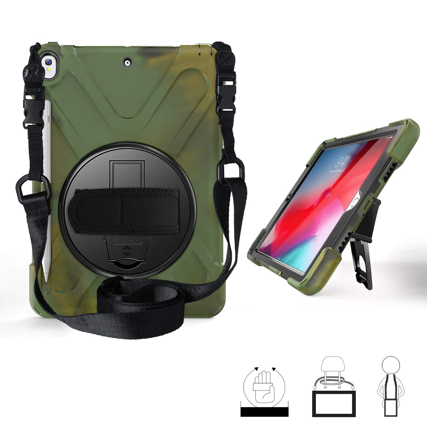 iPad Air 3rd Gen 10.5 Case with Tempered Glass Screen Protector - Heavy Duty Protective Cover with Kickstand & Carrying Strap for Apple iPad Pro Air 10.5