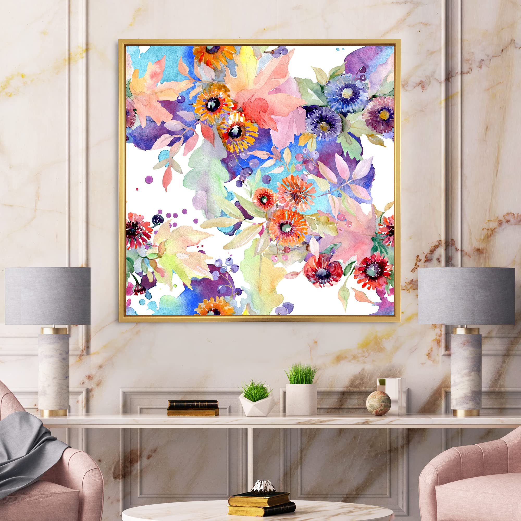 DesignQ Floral Botanical Flowers Framed Canvas Wall Art Print - Modern Home Decor for Living Room, Bedroom & Office