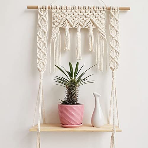 Hand-Woven Macrame Bohemian Wall Hanging Shelf - Natural Cotton Tapestry & Wooden Storage Rack for Home Decor, Plant Display, Bedroom & Living Room Organization