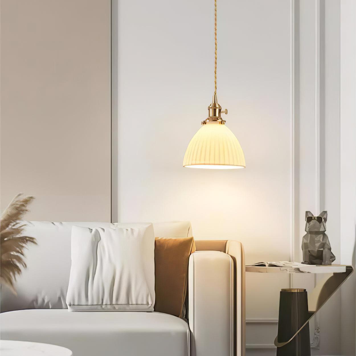 Elegant Brass Pleated Ceramic Pendant Lamp - Vintage Industrial Ceiling Light Fixture for Dining Room, Kitchen Island & Bedroom Lighting