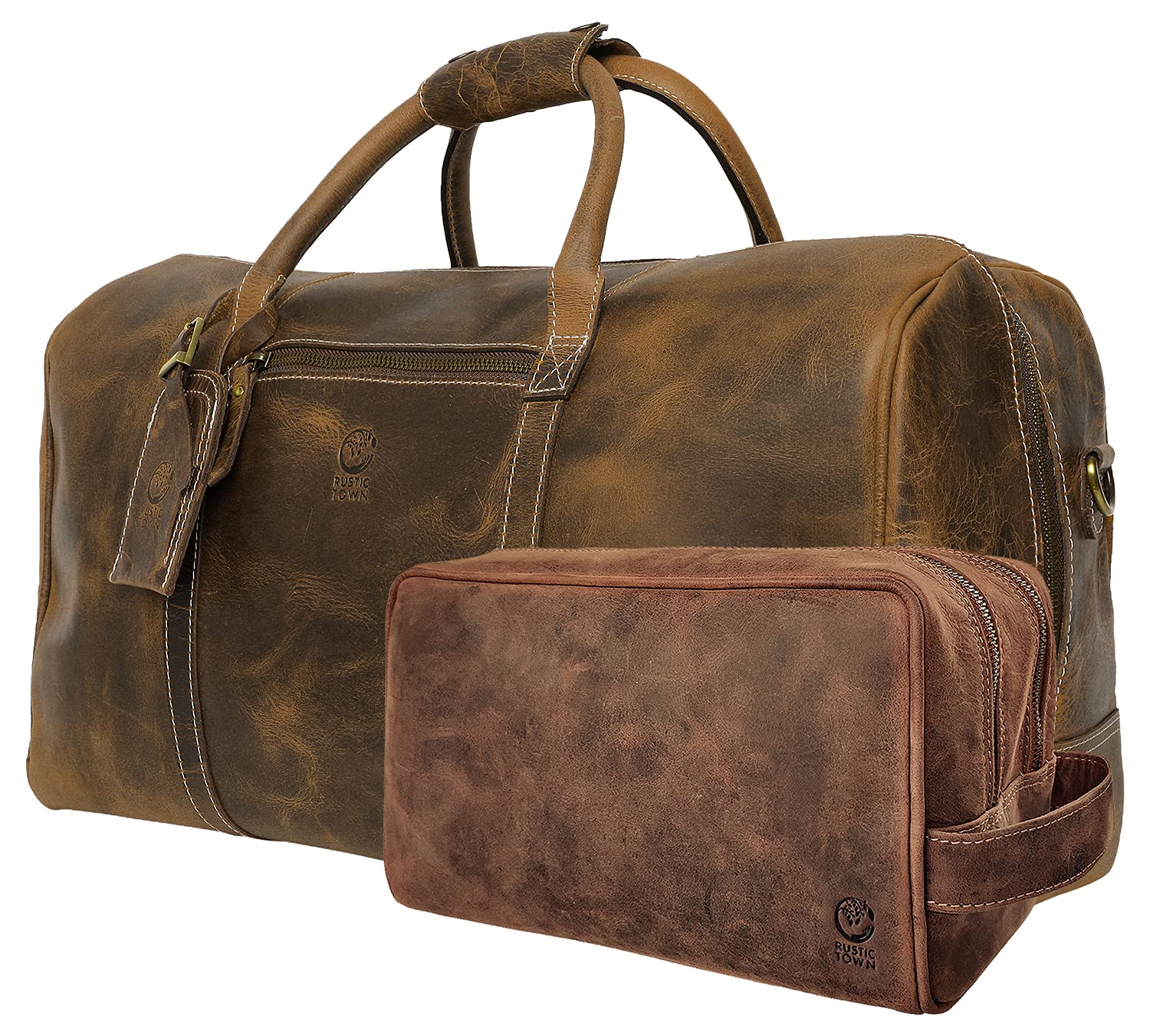 Premium Leather Duffel Bag & Toiletry Bag Set - Durable Men's Travel Accessories for Gym, Business Trips & Weekend Getaways (Ideal Gift for Him)