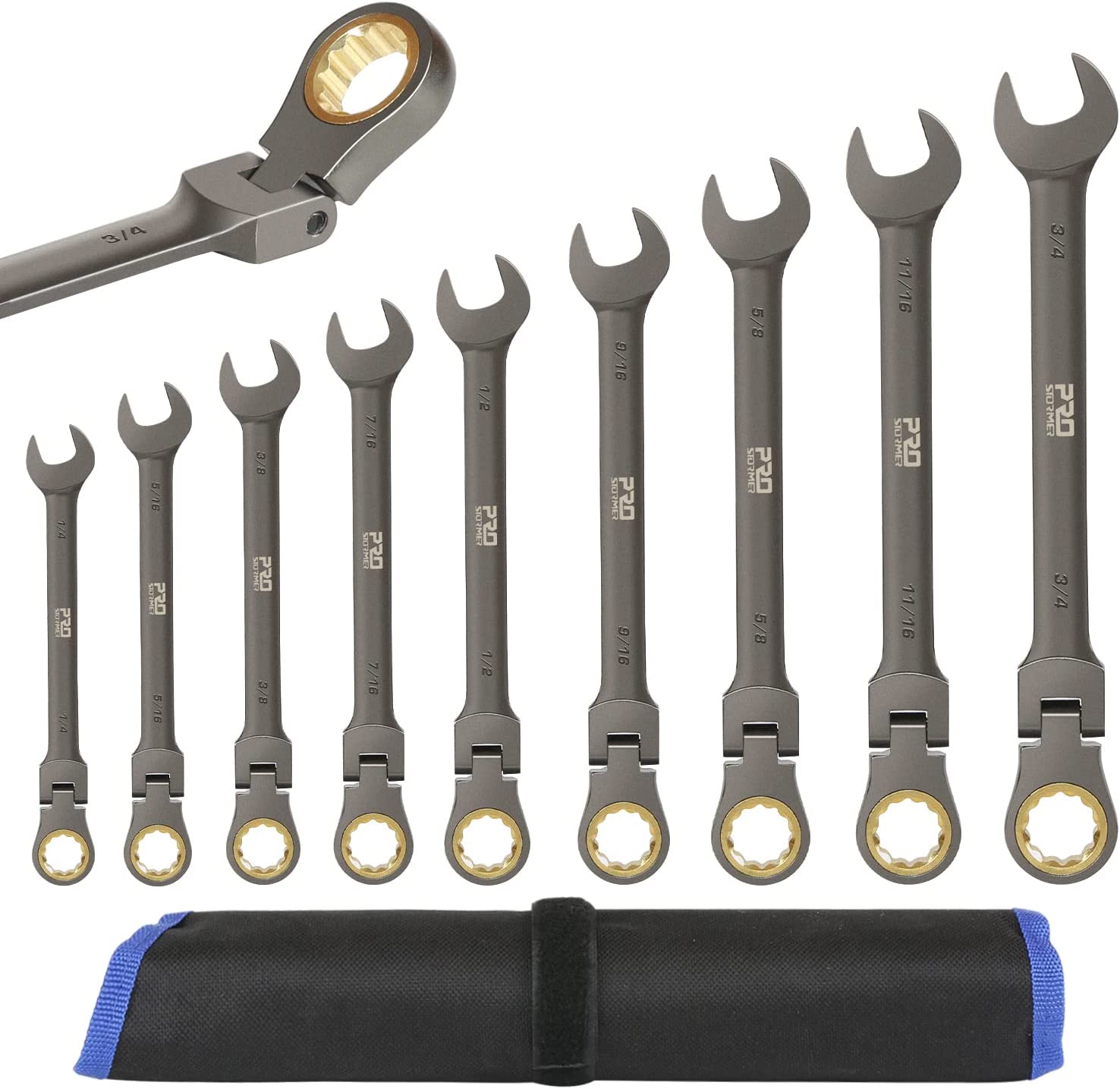 Prostormer 9-Piece Flex Head Ratcheting Combination Wrench Set (1/4