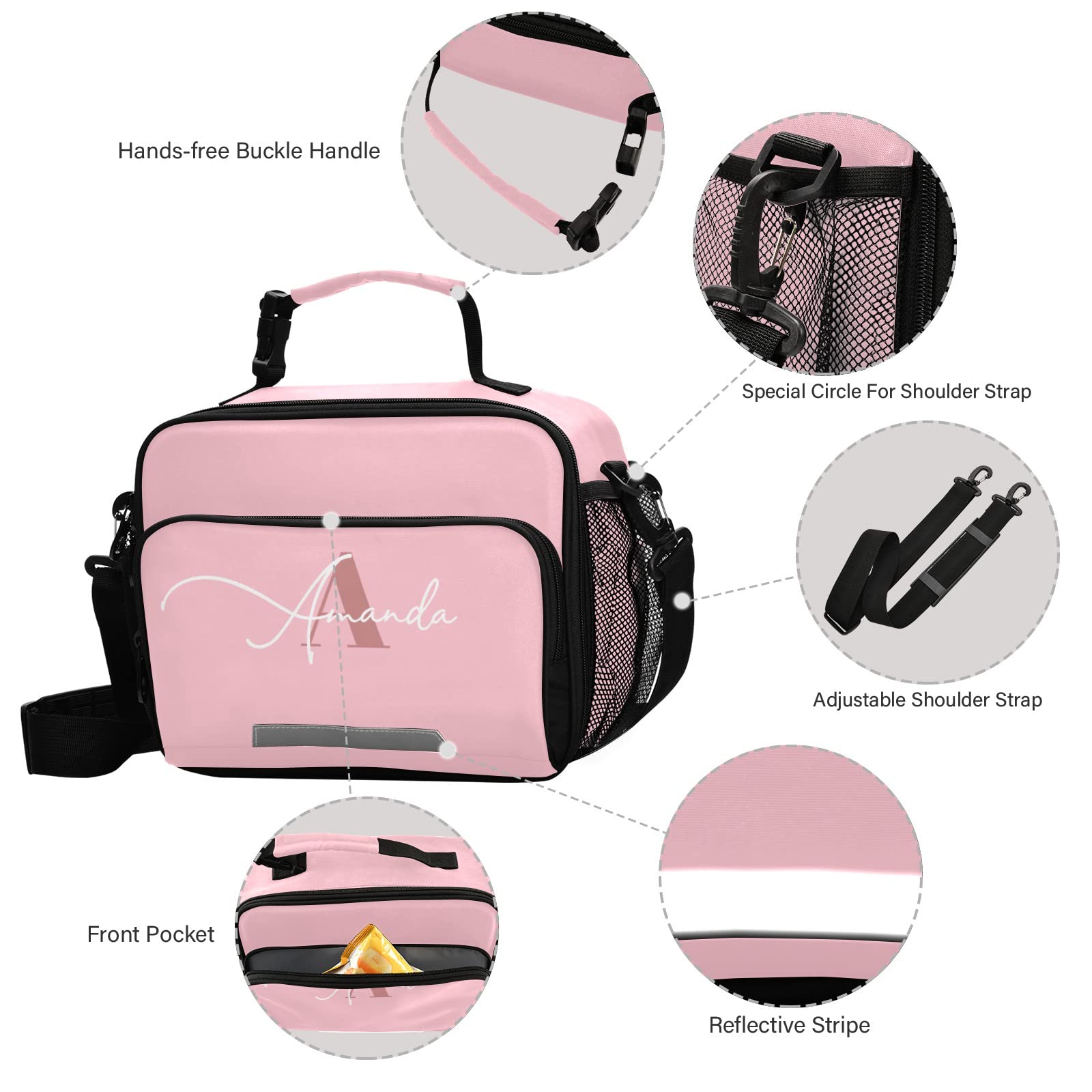 Custom Pink Insulated Lunch Bag with Adjustable Shoulder Strap - Lightweight Lunch Box for Women & Students - Perfect for Work, School, Picnic & Outdoor Activities