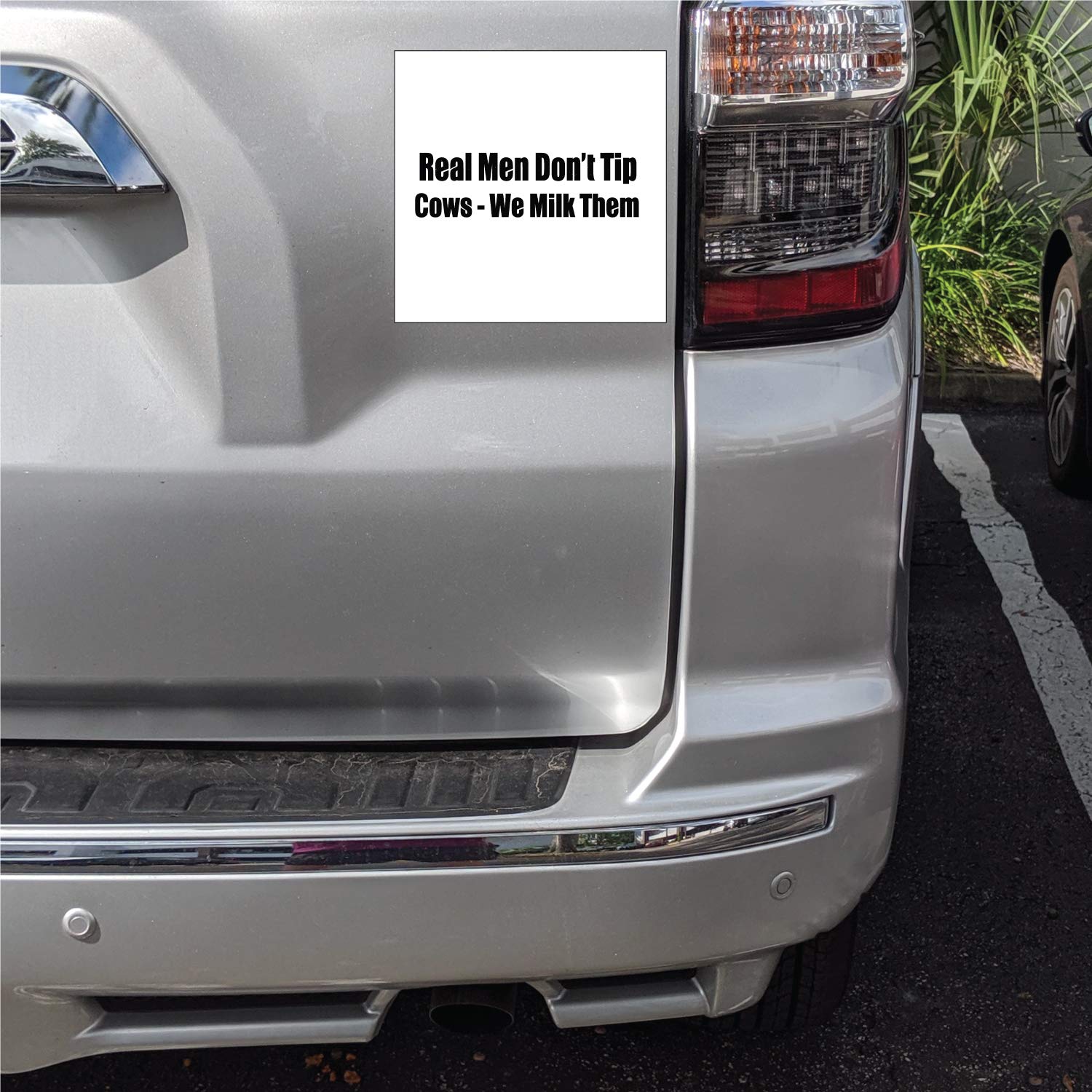 DistinctInk Custom Bumper Sticker 4x4 Inch - Funny Cow Humor Decal with White Background - Perfect for Trucks, Cars & Laptops - Real Men Don't Tip Cows We Milk Them Saying