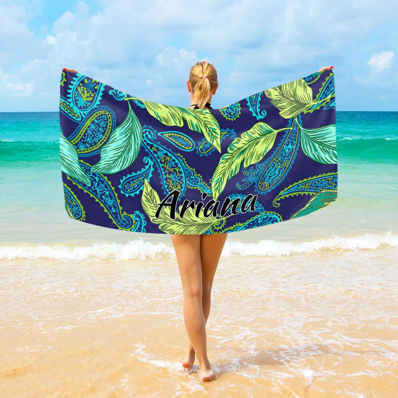 Custom Blue Paisley Leaves Beach Towel - Oversized Personalized Microfiber Quick Dry Towel for Adults (74x37 in) - Perfect for Swimming, Sports, Camping & Beach Vacations