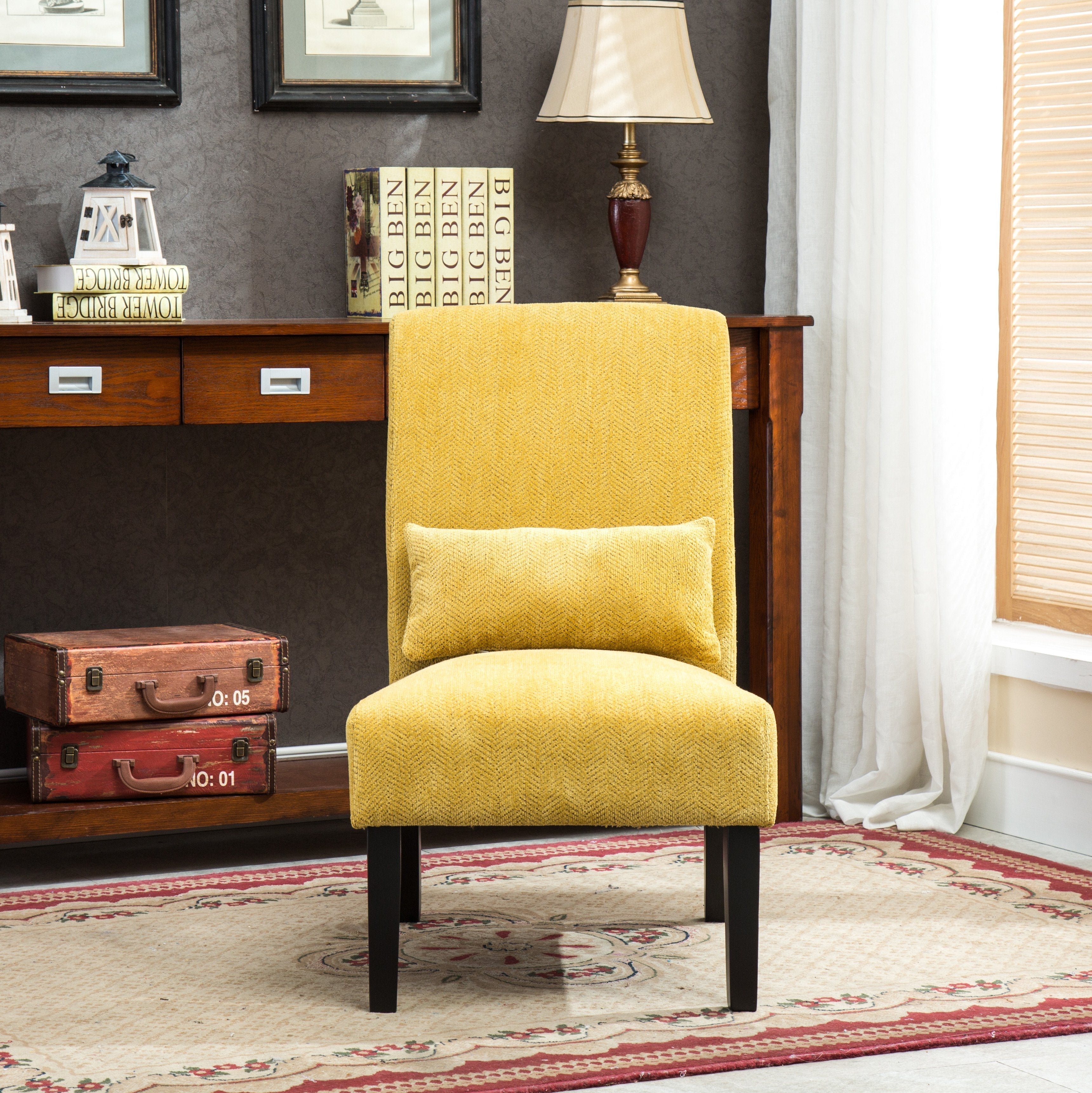 Roundhill Furniture Pisano Chenille Fabric Armless Contemporary Accent Chair with Matching Kidney Pillow - Modern Living Room Seating for Small Spaces, Home Office & Reading Nook