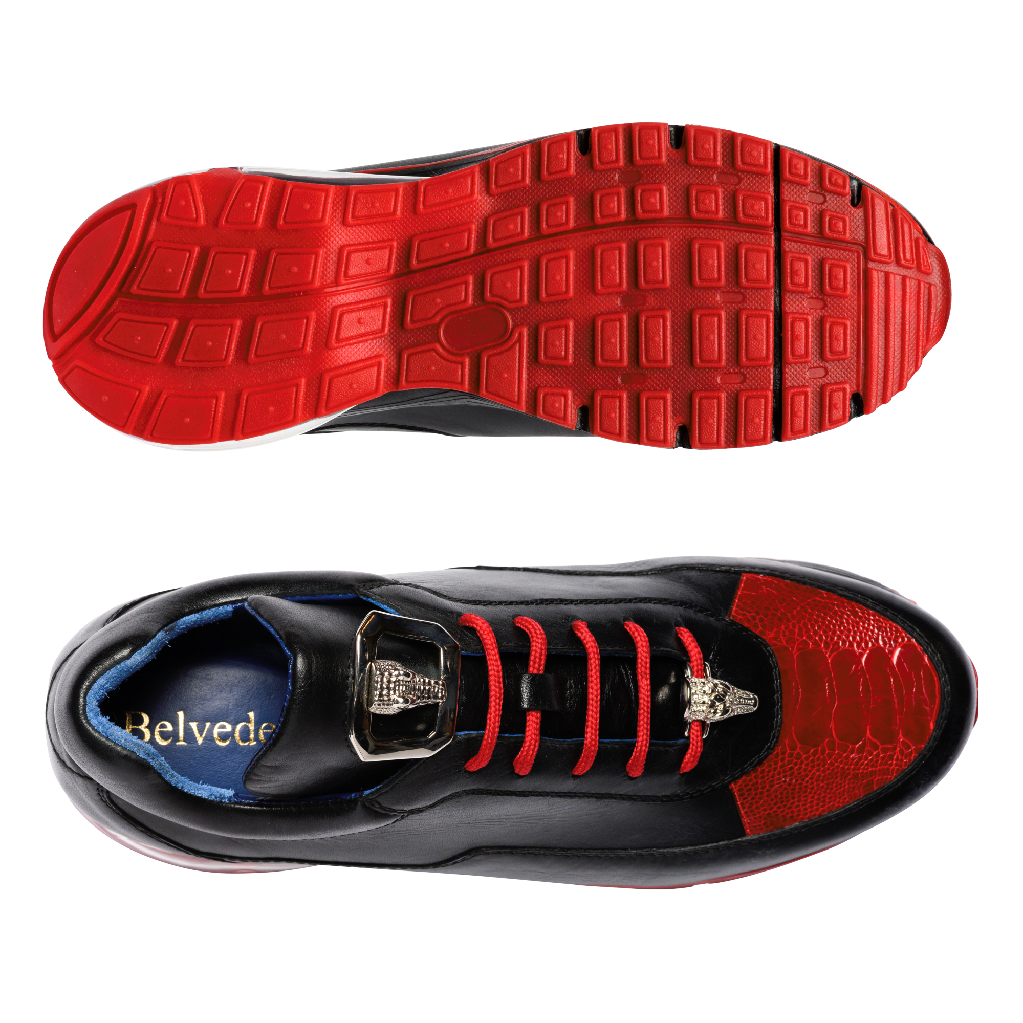 Belvedere Flash Genuine Ostrich Leather & Italian Calfskin Sneakers - Black/Red (E01) - Luxury Comfortable Shoes for Men, Perfect for Casual Wear, Office & Special Occasions