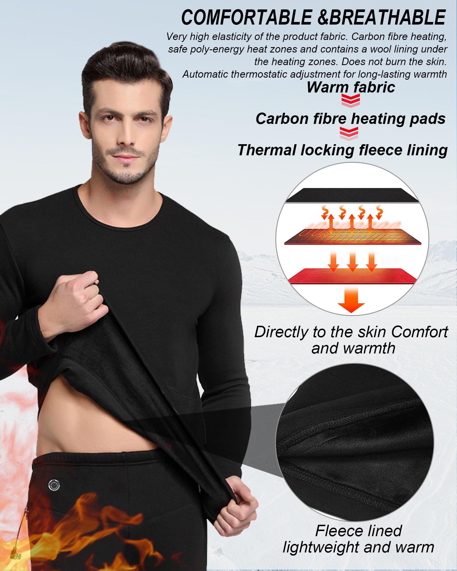 Men's Electric Heated Thermal Underwear Set - Battery Powered Winter Base Layer for Outdoor Sports & Cold Weather Activities - Perfect for Skiing, Hiking, Camping and Winter Work