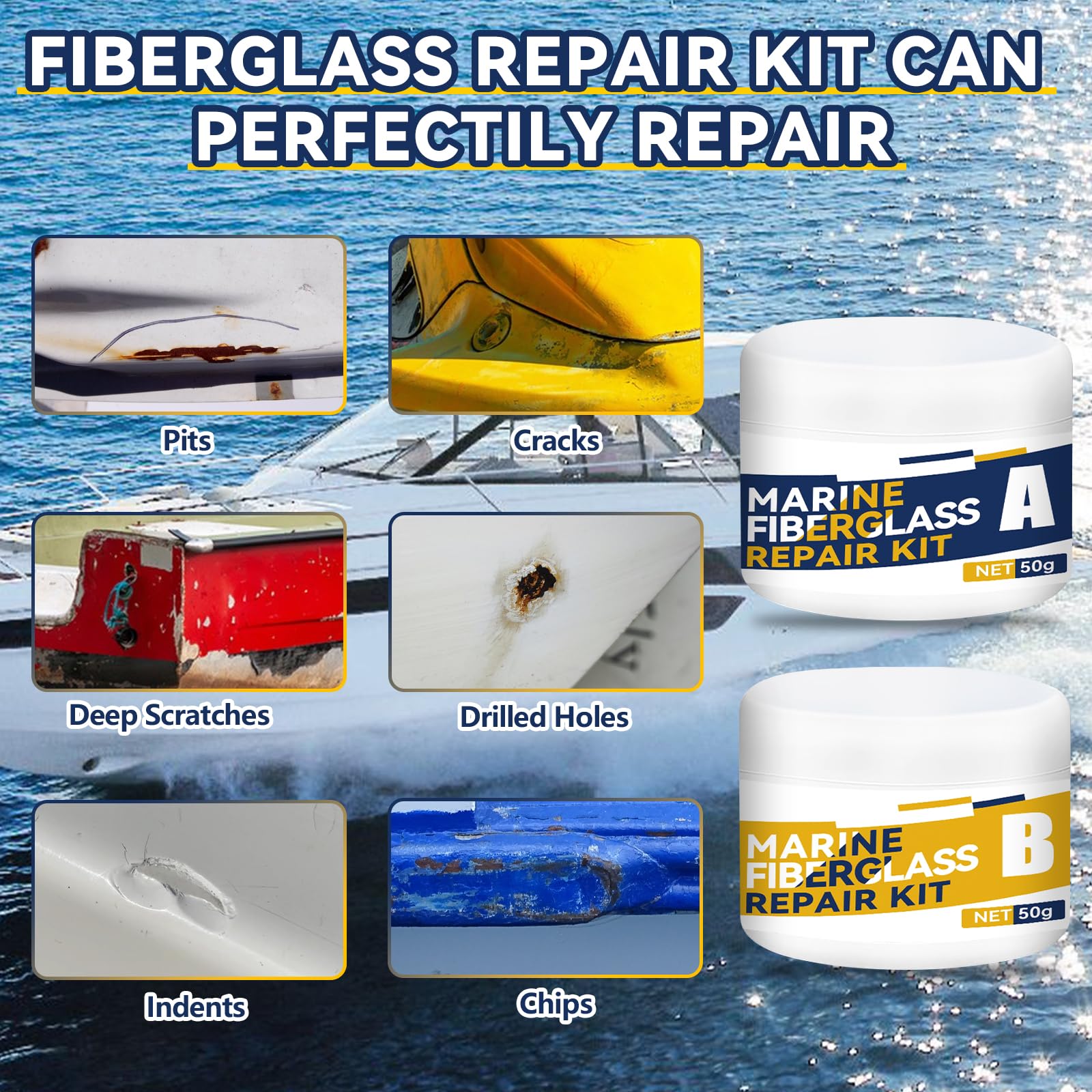**Marine Fiberglass & Gel Coat Repair Kit for Boats - Epoxy Filler to Fix Holes, Chips, Pits, Cracks (Color Match) - Perfect for DIY Boat Hull, Deck & Surface Repairs**