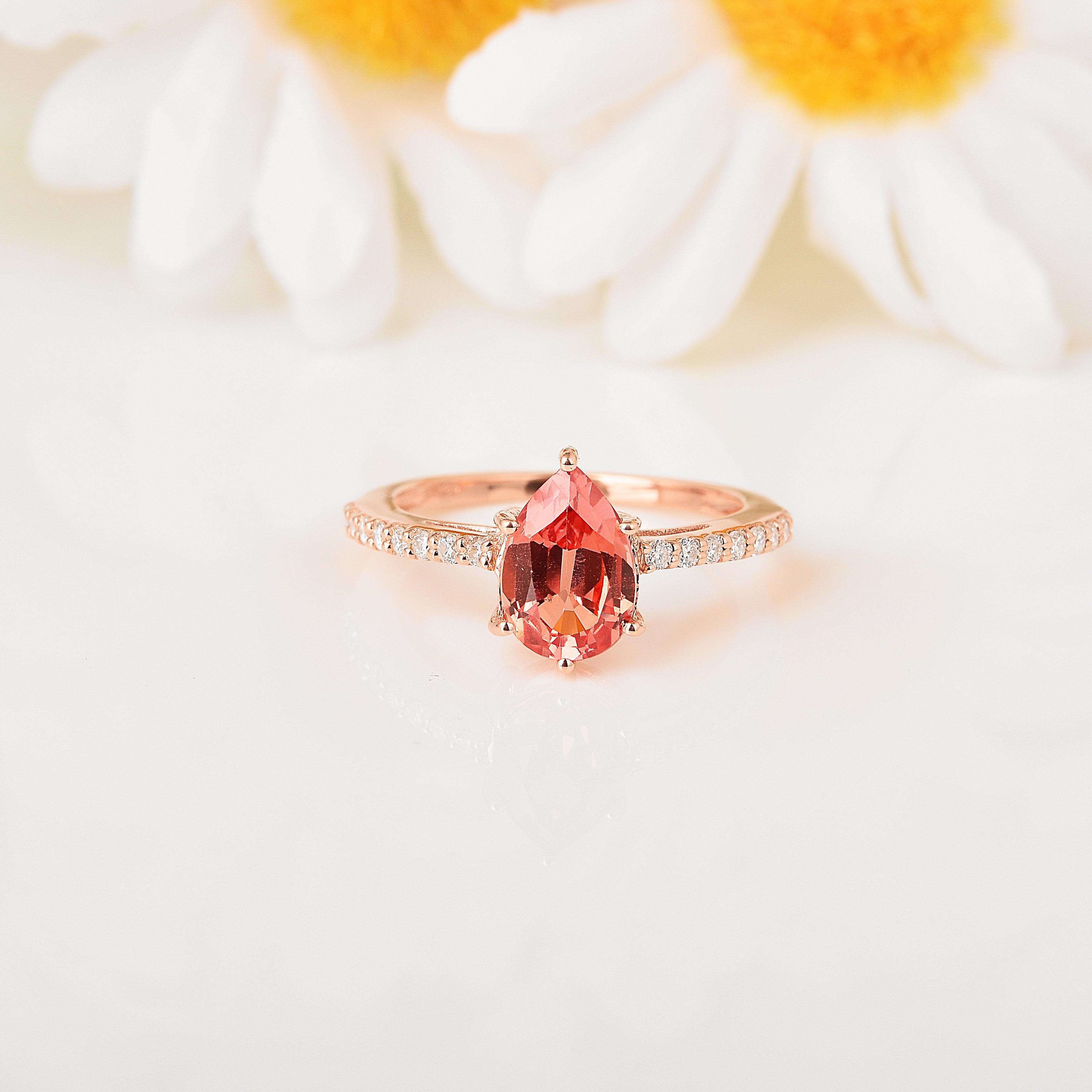 Exquisite Peach Sapphire Teardrop Ring | 14K Gold Plated Elegant Jewelry | Perfect for Weddings, Anniversaries & Special Occasions