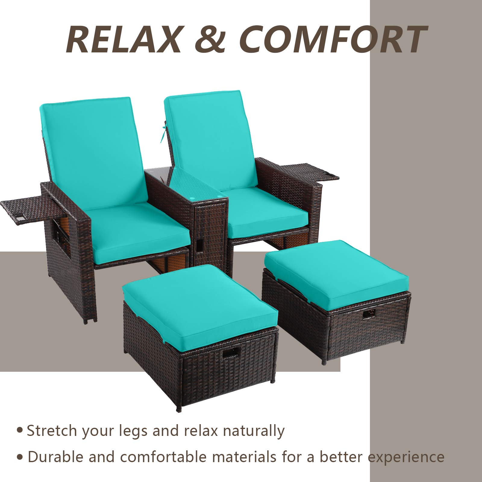 5PCS Outdoor Patio Furniture Set - Wicker Loveseat Sofa with Adjustable Backrest, Coffee Table & Ottoman - Rattan Lounge Chair for Garden, Beach, Poolside, Balcony, Backyard, Deck - Perfect for Relaxing, Entertaining & Outdoor Dining