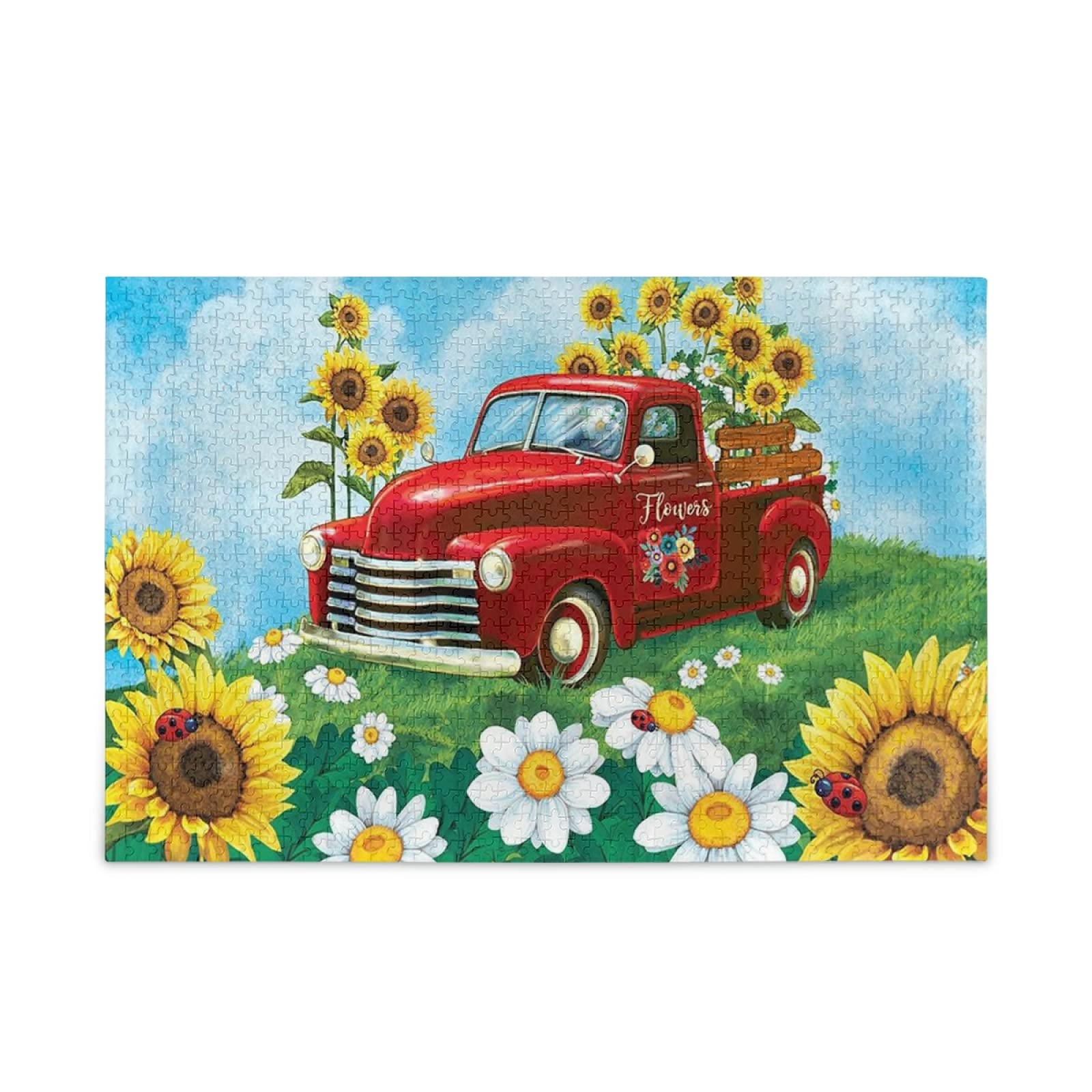 500-Piece Sunflowers & Red Truck Jigsaw Puzzle - Floral Spring Summer Daisy Autumn Theme Educational Game Toy for Kids & Adults - Perfect for Home Decor, Family Game Nights & Gift Giving