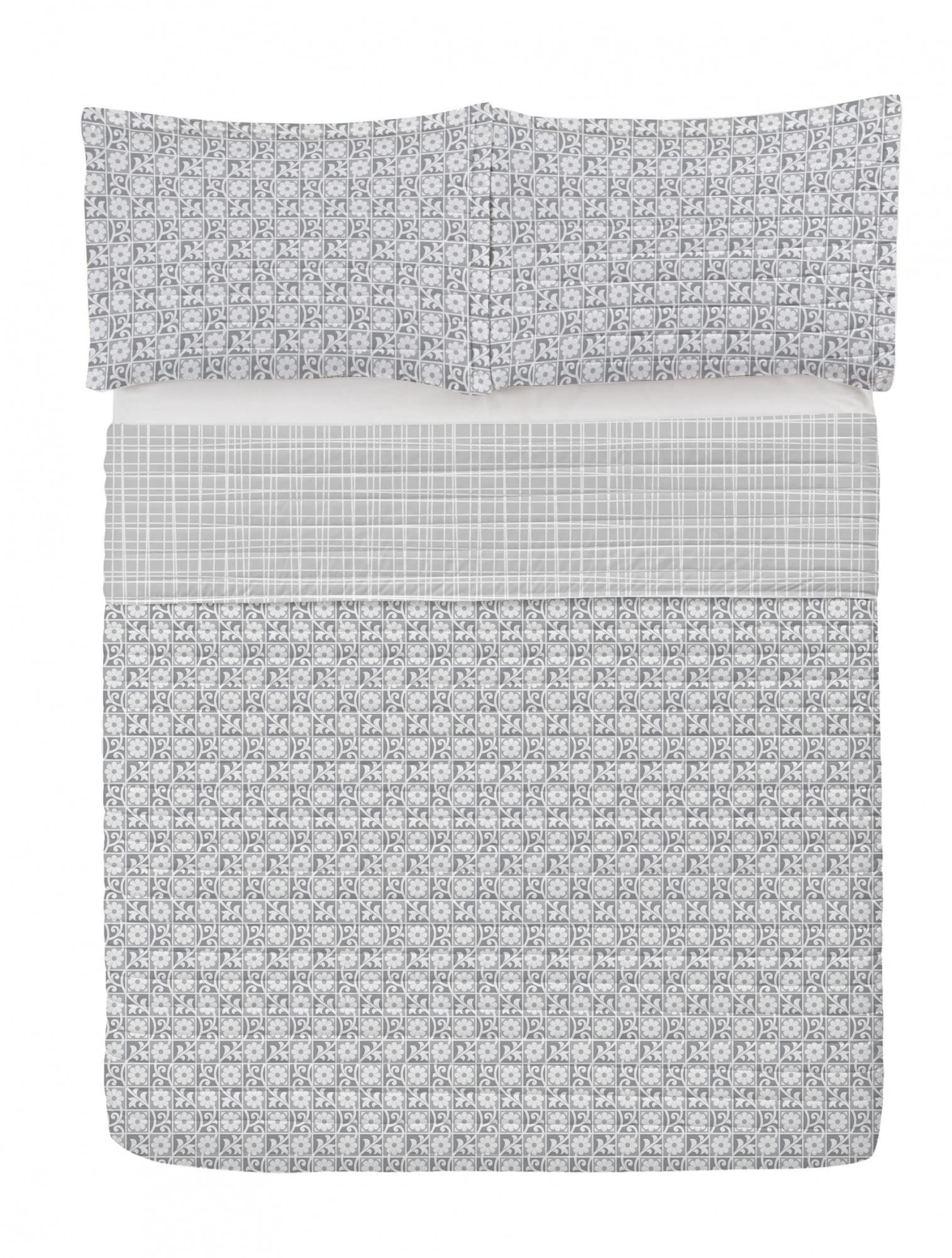 Ambesonne Grey Reversible King Size Bedspread Set with Floral Ornaments & Abstract Pattern - Microfiber Comforter & Pillow Shams (Grey White) for Bedroom Decor, Guest Room, or Master Suite