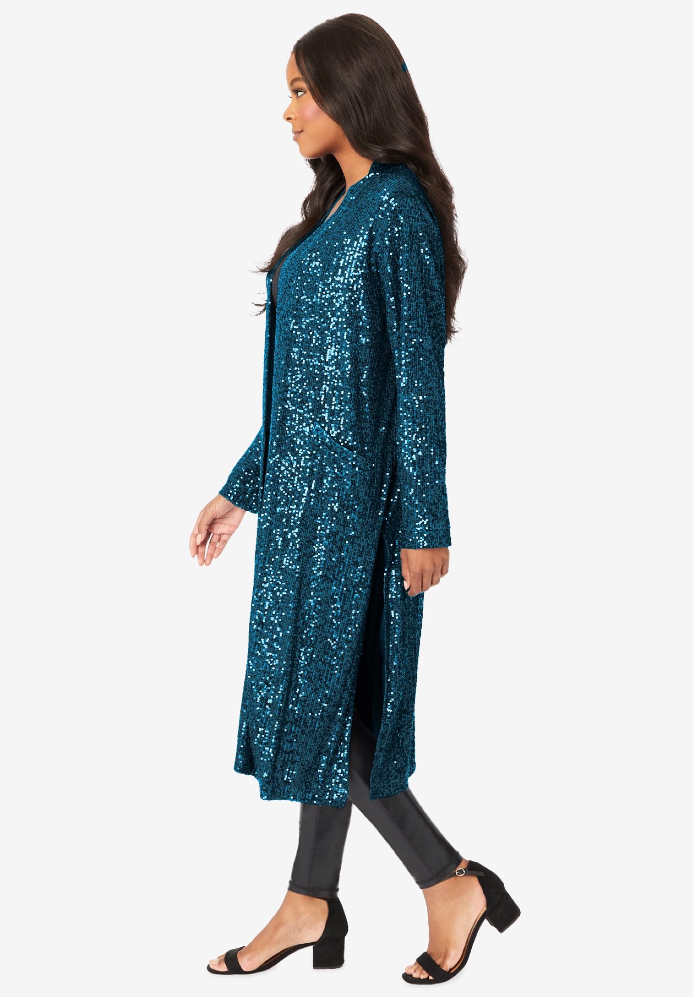 Romantic Women's Plus Size Sequin Duster Cardigan - Elegant Long Open Front Cover Up for Evening Parties, Weddings & Special Occasions