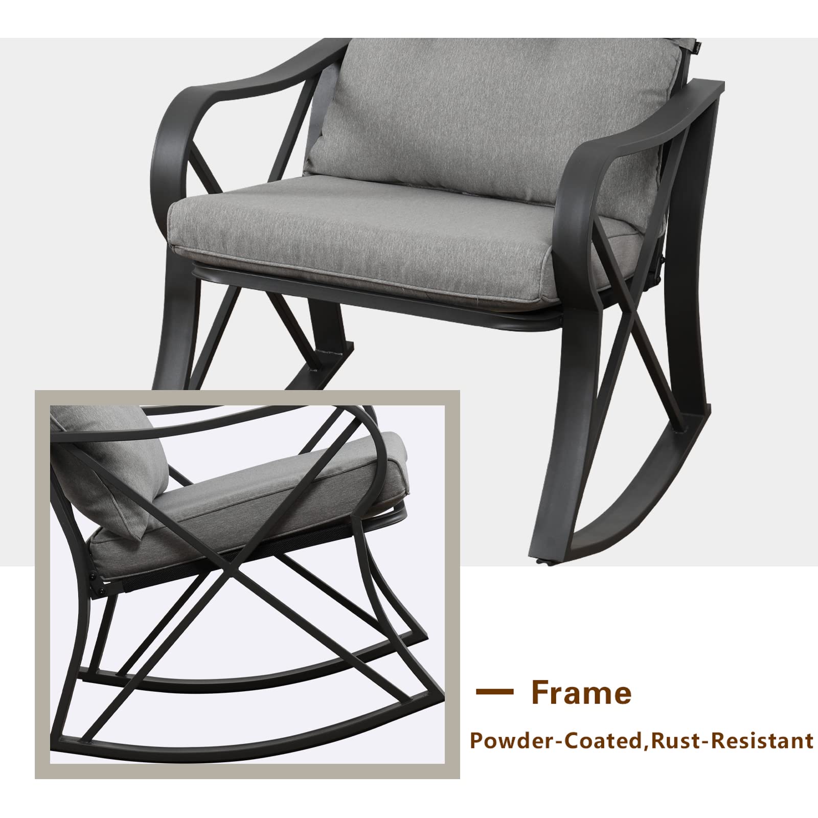 AQUILLA 3-Piece Outdoor Patio Rocking Set with Metal Frame & Tempered Glass Table - Light Gray Cushioned Bistro Set for Garden, Backyard, Porch - Perfect for Relaxing, Entertaining & Outdoor Dining
