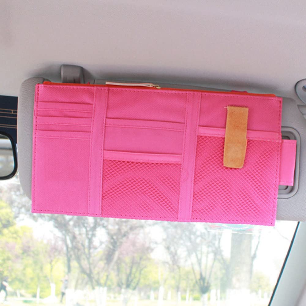 LKJYBG Car Sun Visor Organizer - Multifunctional Car Visor Storage Pouch with Card Slots, Auto Accessories Holder (Rose Red) - Perfect for Storing Cards, Tolls, Sunglasses & Small Items While Driving