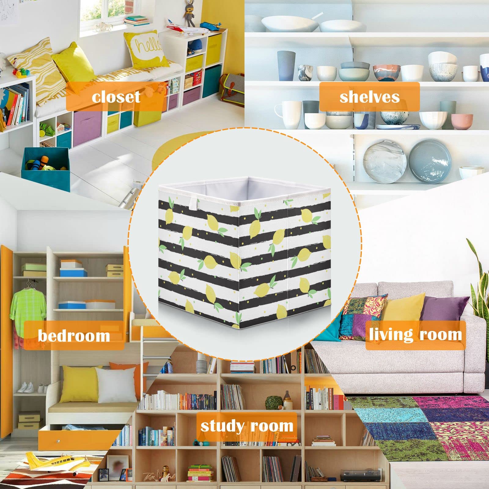 DOMIKING Foldable Storage Bin with Sturdy Handle - Lemons Design Storage Basket for Closet, Shelves & Bedroom Organization | Perfect for Gift Wrapping, Home Decor & Seasonal Storage