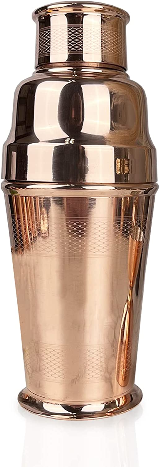 Vintage Inspired Copper & Brass Cocktail Shaker - 473ml (2 Cups) Art Deco Barware with Engine Turn Pattern | Perfect for Home Bars, Cocktail Parties & Vintage Decor