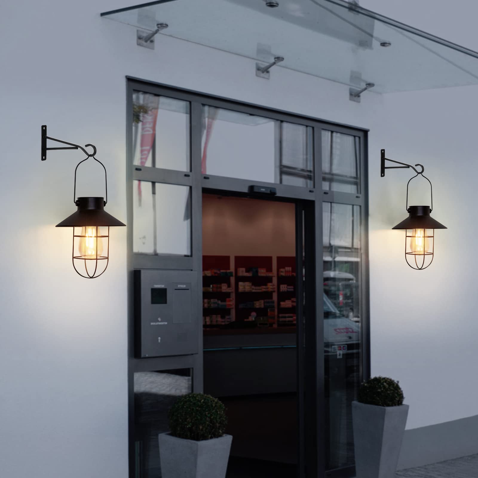 Pearlstar Solar Powered Outdoor Hanging Lights - Waterproof Metal Solar Lanterns for Garden, Patio, Yard, Balcony, Porch & Fence Decor - Warm White Edison Bulb with Wall Mount Kit (Black, 1 Pack) - Perfect for Evening Gatherings, Pathway Lighting & Outdoor Ambiance