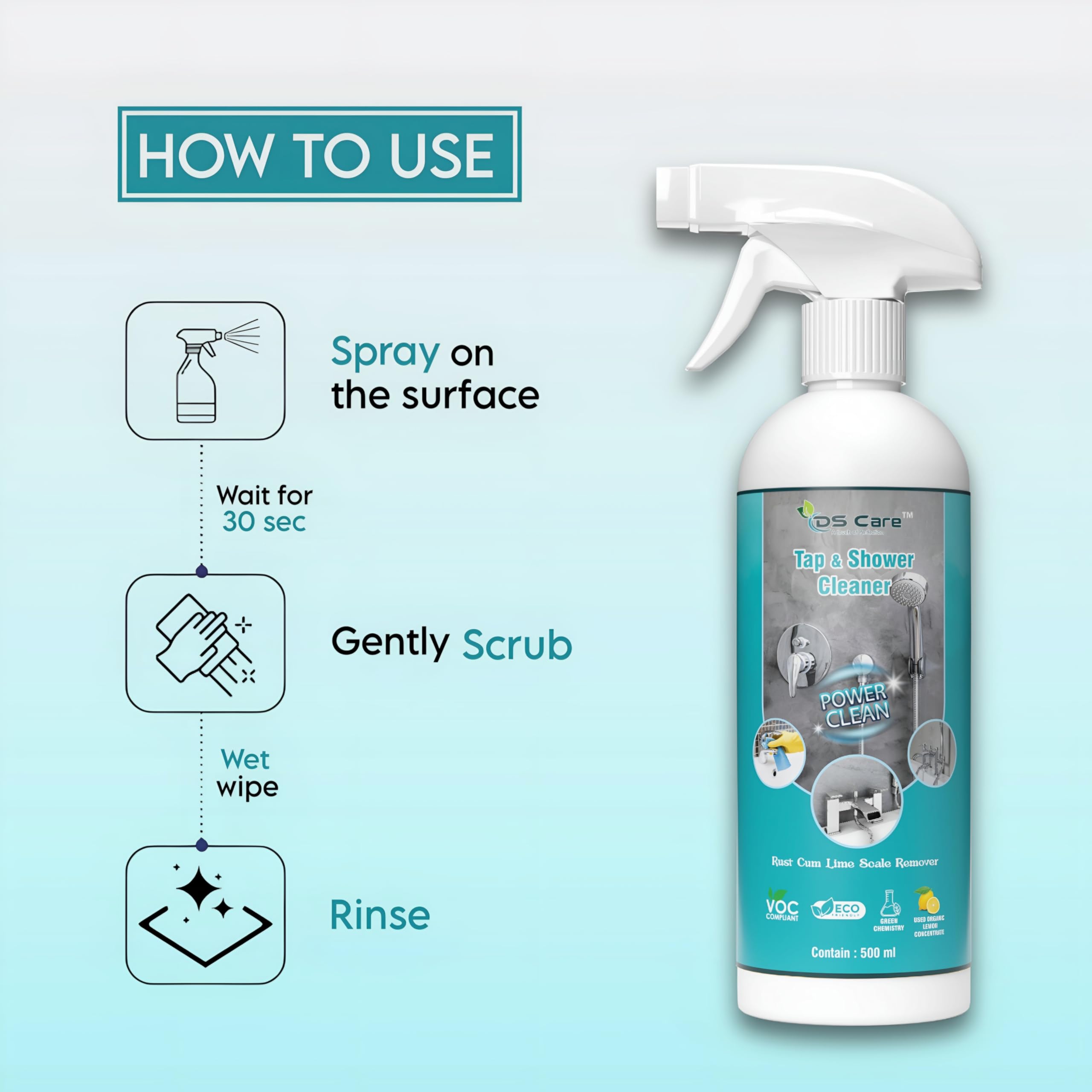DS CARE Multipurpose Tap & Shower Cleaner 500ml - Powerful Bathroom Cleaner for Rust, Limescale & Hard Water Stain Removal | Effective Drain Descaling Solution | All-Purpose Cleaning for Sinks, Tiles & Faucets | Pack of 1 (Ideal for Home, Hotel & Commercial Use)