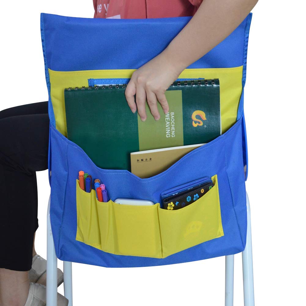 Chairback Buddy Pocket Chart - 6-Pocket Classroom Seat Organizer for Kids, School Supplies Storage | Durable Polyester Seatback Caddy for Home, Daycare & Classroom Use (Yellow + Blue) | Perfect for Books, Pencils & Art Supplies