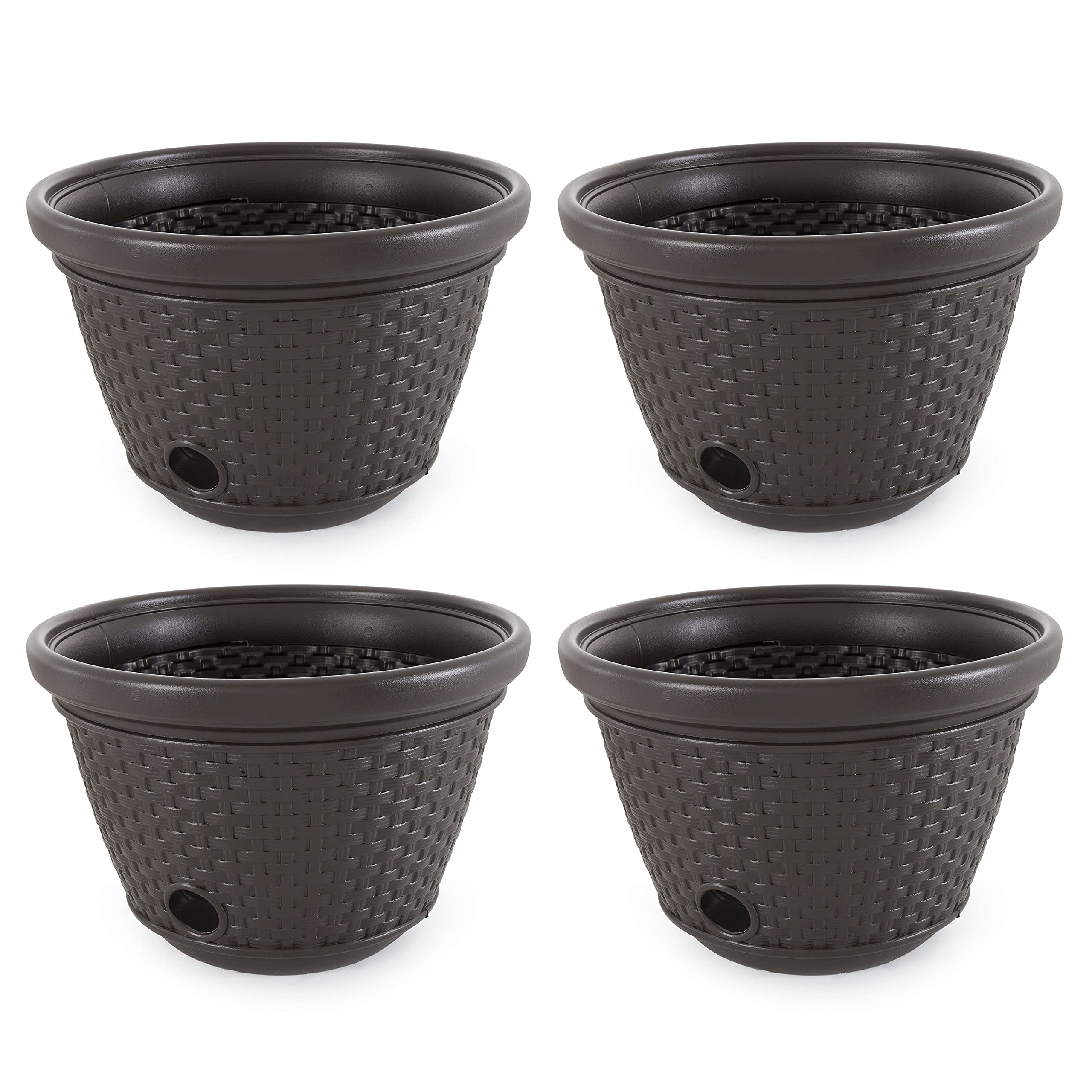 Suncast 100-Foot Resin Wicker Garden Hose Holder - Decorative Outdoor Water Hose Storage Pot (4-Pack) - Perfect for Yard, Patio, and Garden Organization