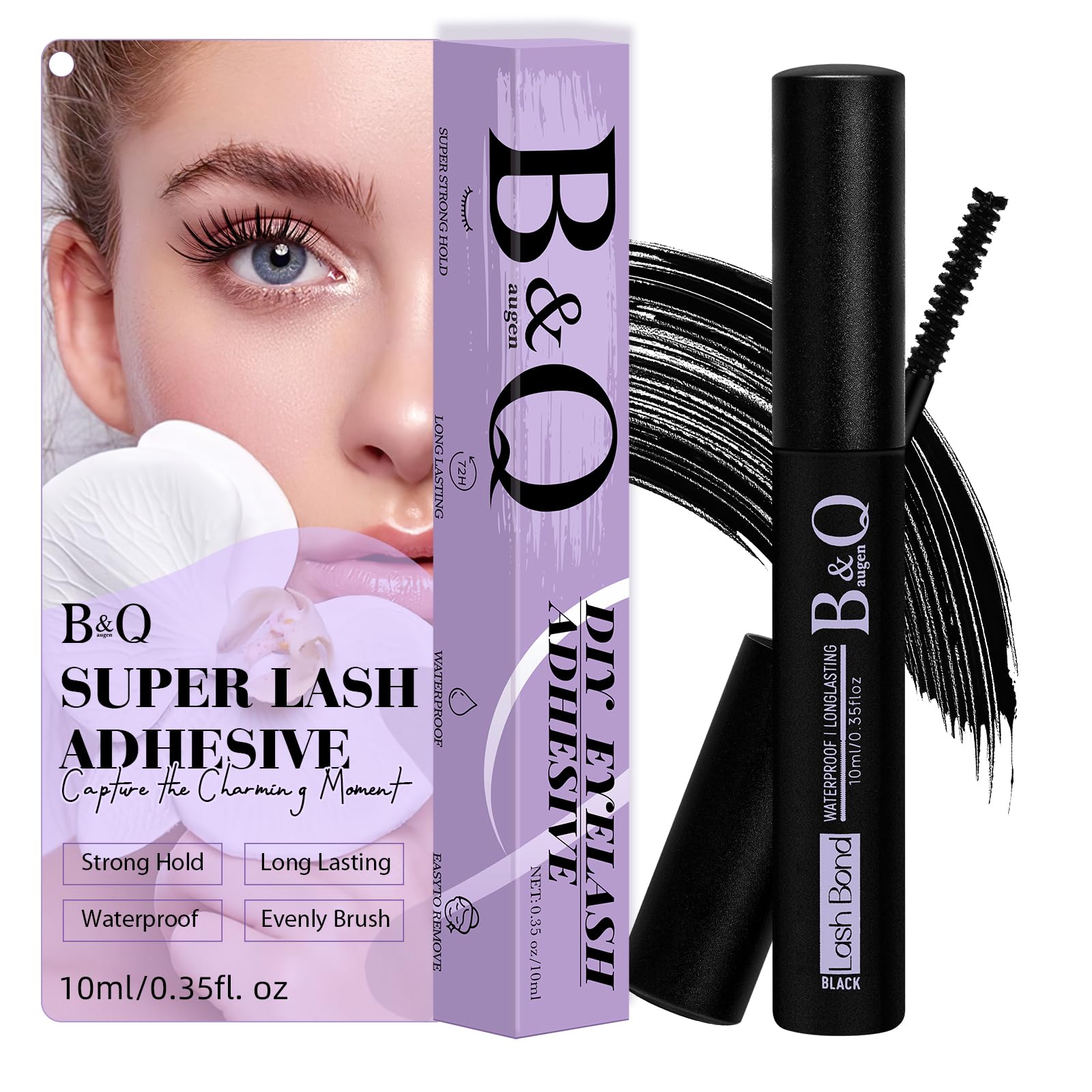 B&Qaugen Waterproof Cluster Lash Glue 10ML - Strong Hold Eyelash Adhesive for Cluster & Individual Lashes, Fast Drying Black Lash Bond Lasts 72 Hours | Perfect for Daily Wear, Special Occasions & Professional Makeup Artists