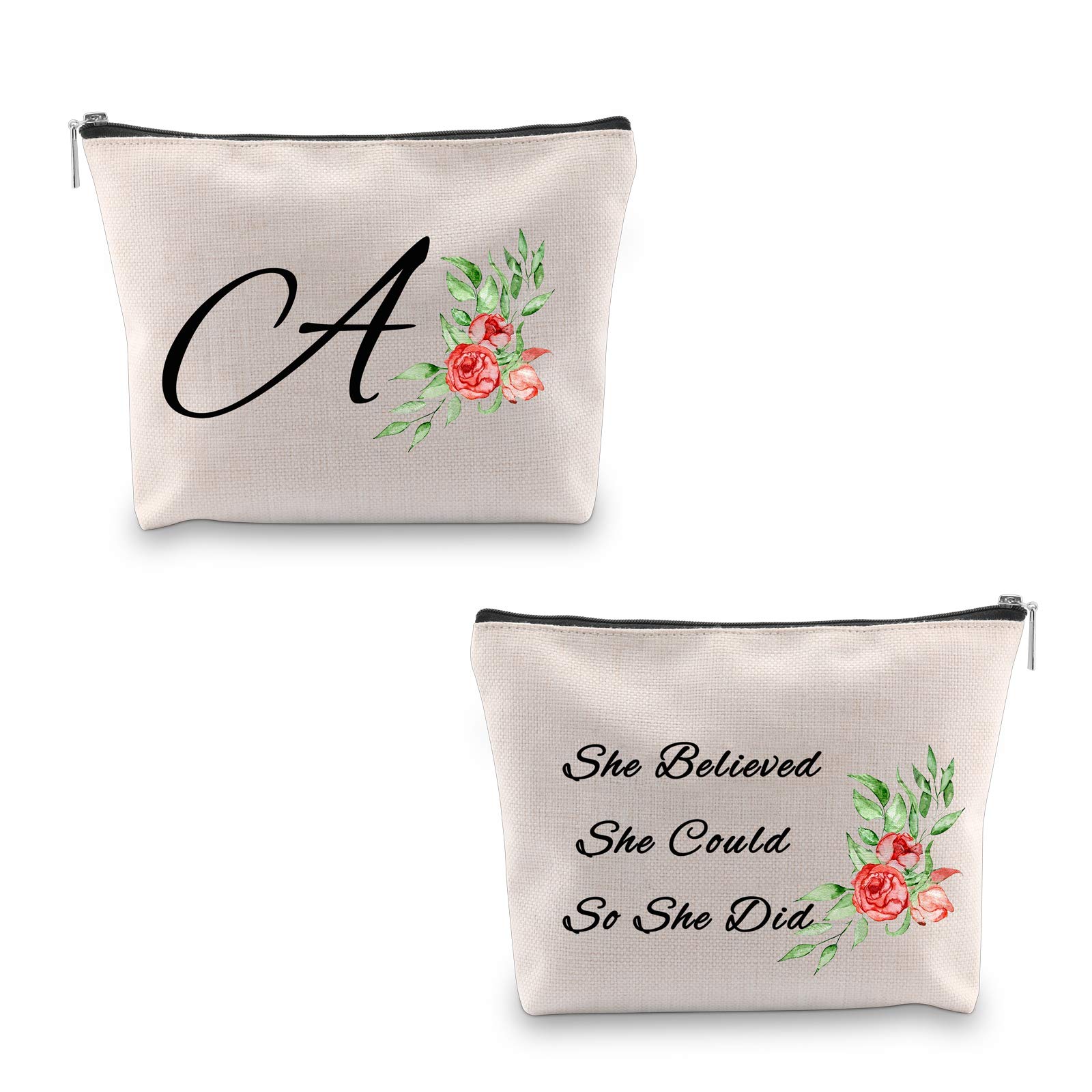 PXTIDY Personalized Monogram Makeup Bag for Women - Custom Initial & Big Letter Script Name Travel Cosmetic Bag - Inspirational Gift 'She Believed She Could So She Did' - Perfect for Travel, Gym & Daily Essentials Organization