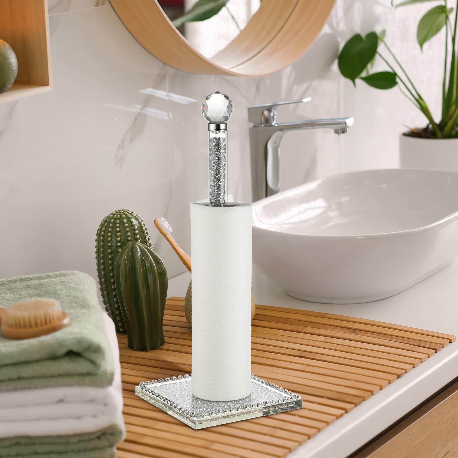 Sparkly Crystal Paper Towel Holder with Diamond Decor - 13 Inch Square Base Standing Towel Roll Stand for Kitchen, Bathroom & Dining Room - Perfect for Home, Office & Restaurant Use