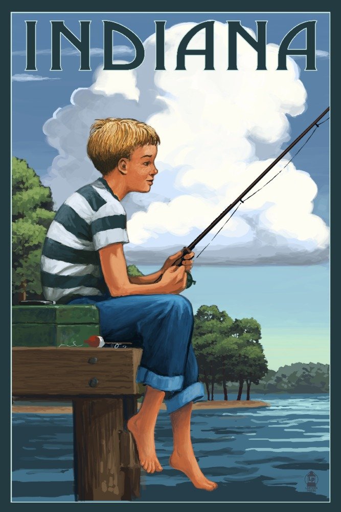 Indiana Boy Fishing Art Print - 36x54 Giclee Gallery Quality Travel Poster - Vintage Wall Decor for Living Room, Office & Cabin - Perfect for Home, Beach House & Fishing Enthusiasts
