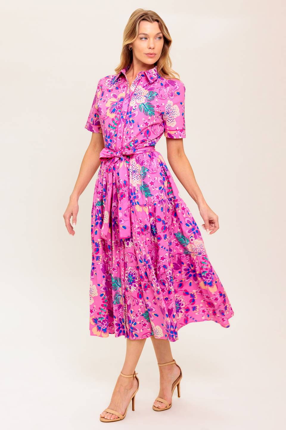 Pink & Purple Floral Midi Dress for Women - Elegant Petal Press Design - Perfect for Spring, Summer, Weddings & Special Occasions