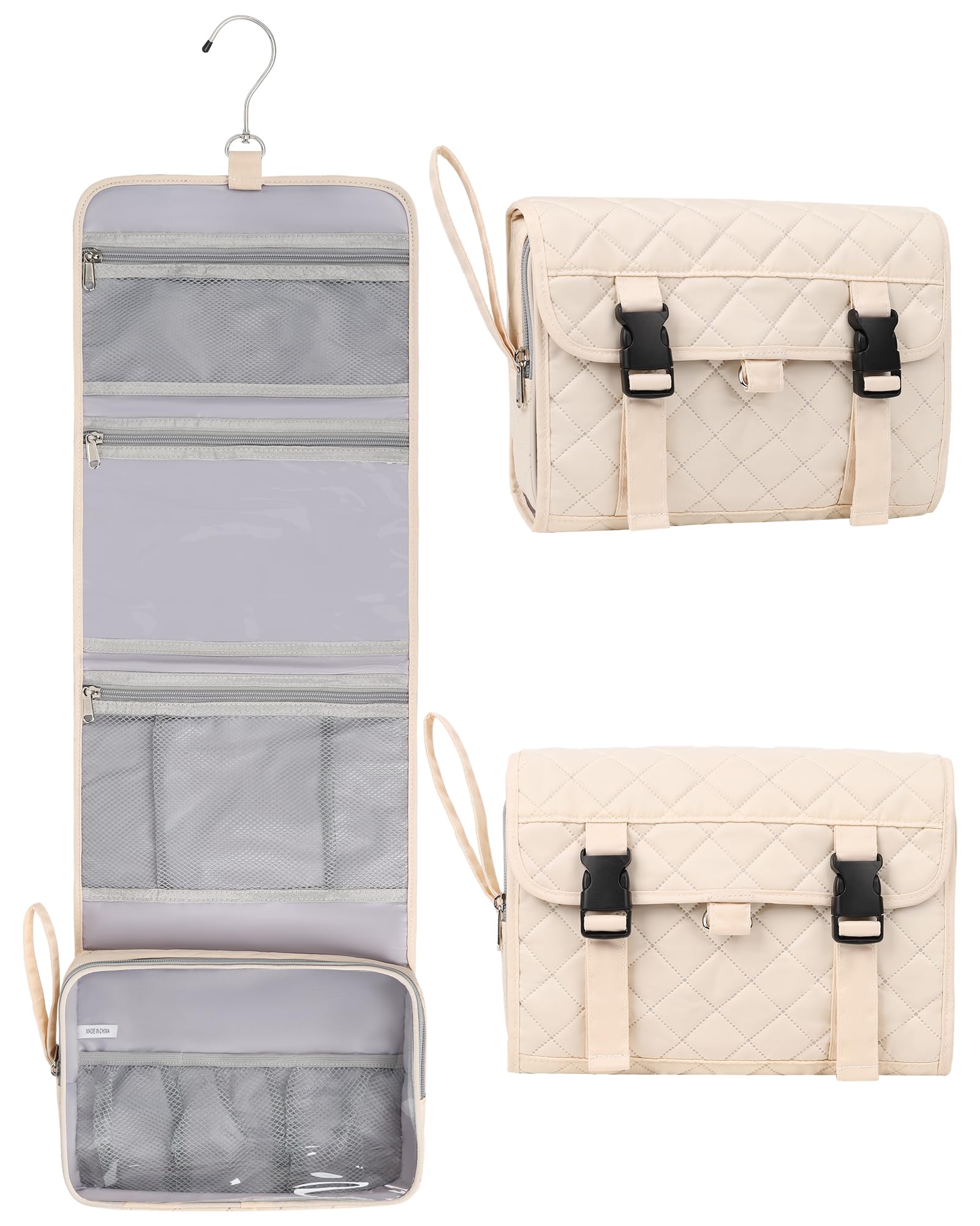 Relavel Waterproof Hanging Toiletry Bag for Travel - Compact Cosmetic Organizer with Hook for Men & Women - Perfect for Bathroom, Shower & Camping (Off-White)