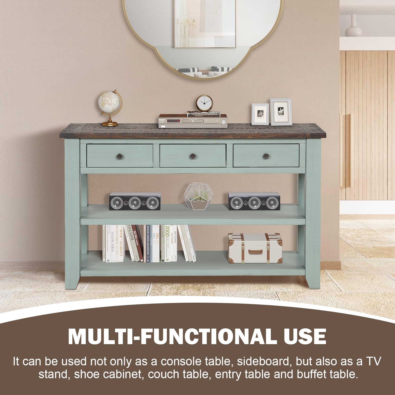 INMOZATA 48 Inch Farmhouse Console Sofa Table with Storage - 3 Drawers & 2 Shelves, Entryway Table for Hallway, Living Room - Rustic Green Home Decor (Perfect for Small Space Organization & Entryway Storage)